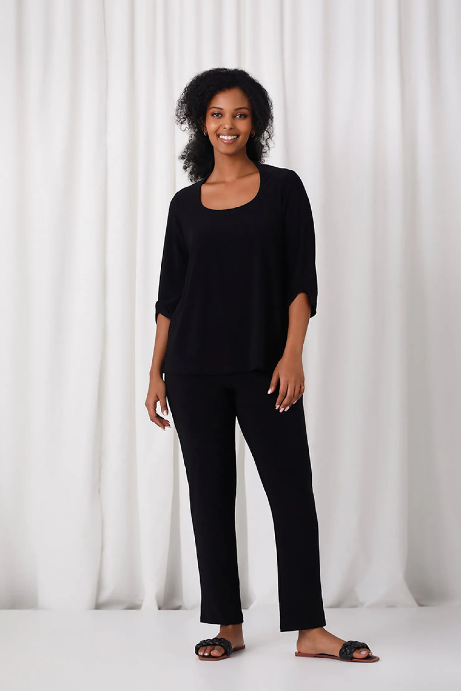 Sympli Tops>Jewel Neck Smocked Sleeve Top Black