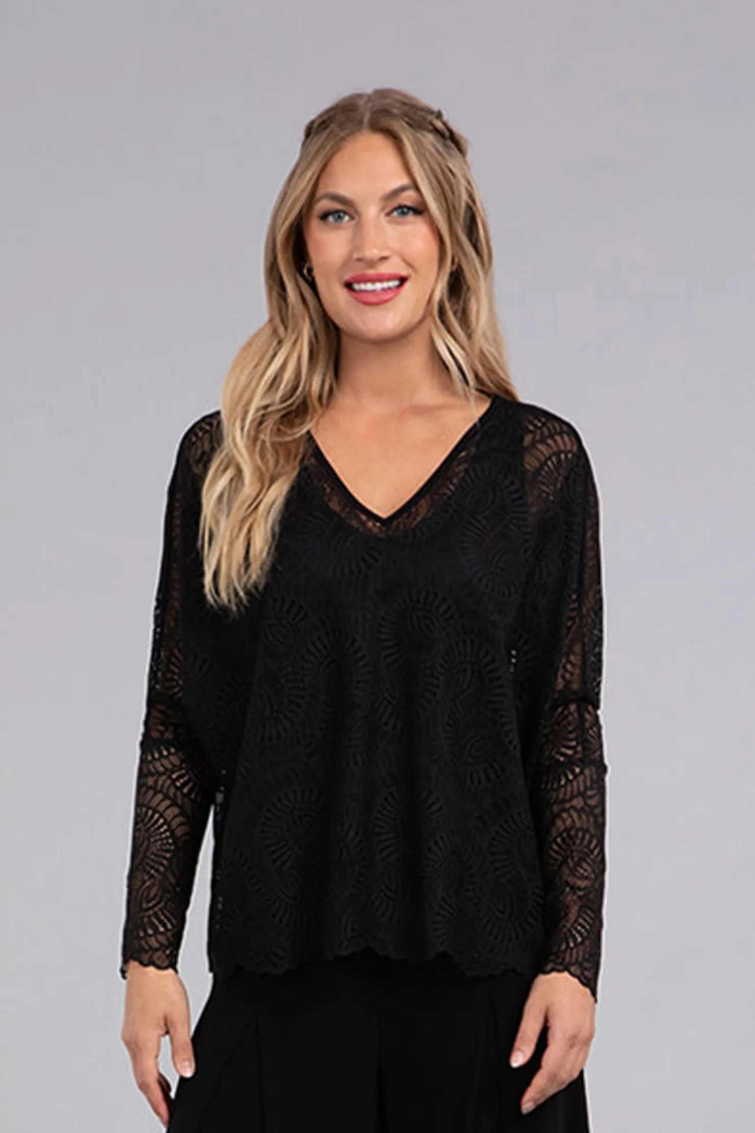 Sympli Tops>Lace Reversible Cinch Top Black