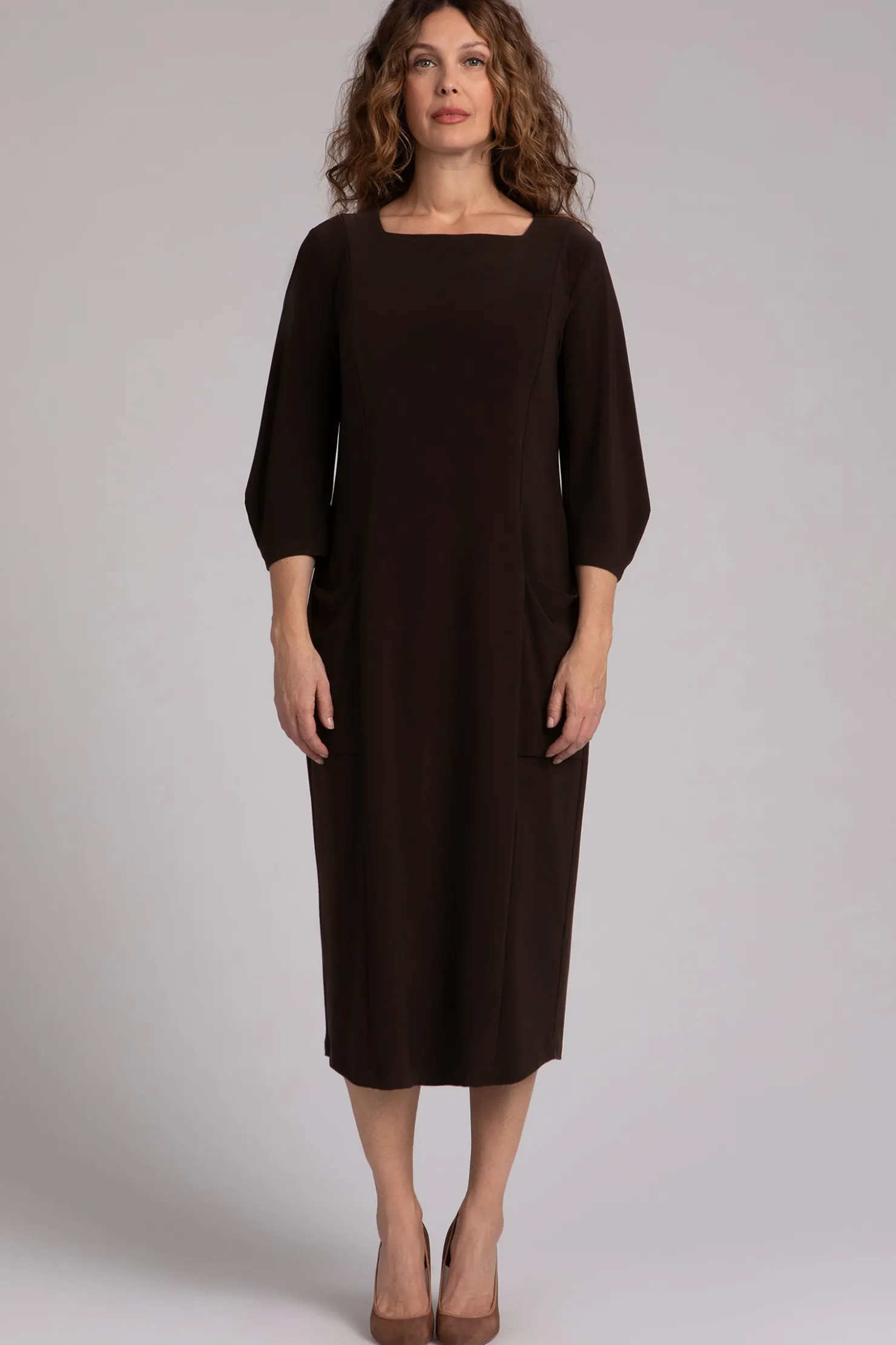 Sympli Dresses>Lantern Column Dress Chocolate