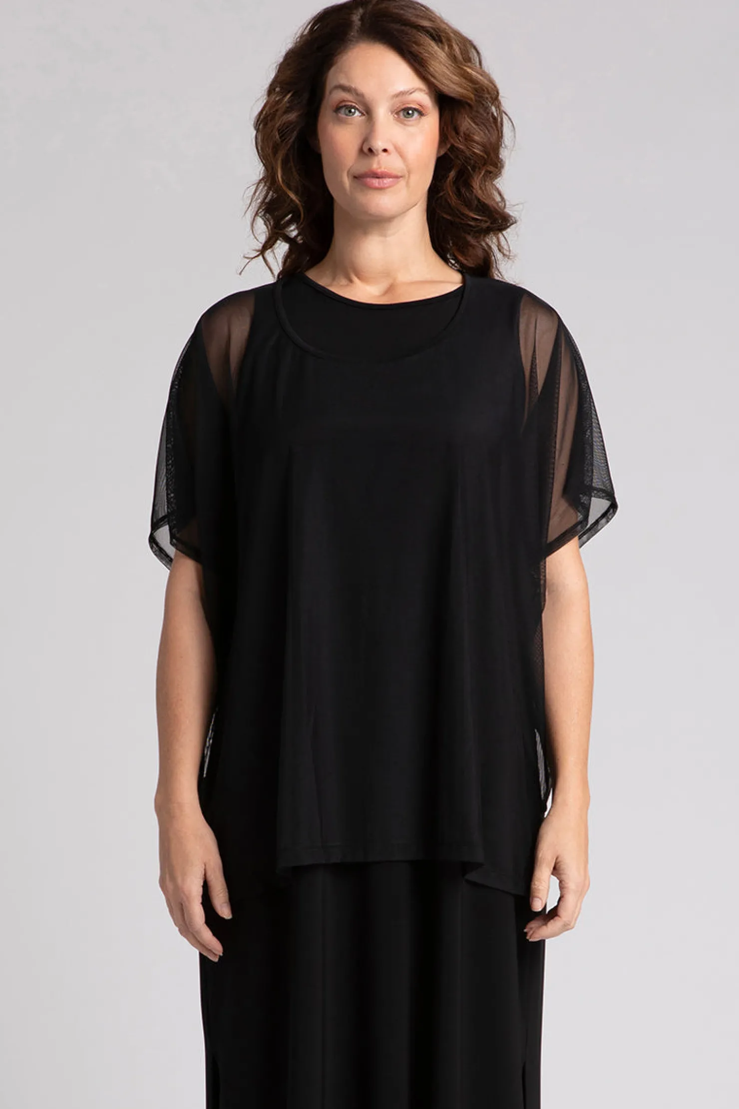 Sympli Tops>Mesh Slit Back Tunic Black