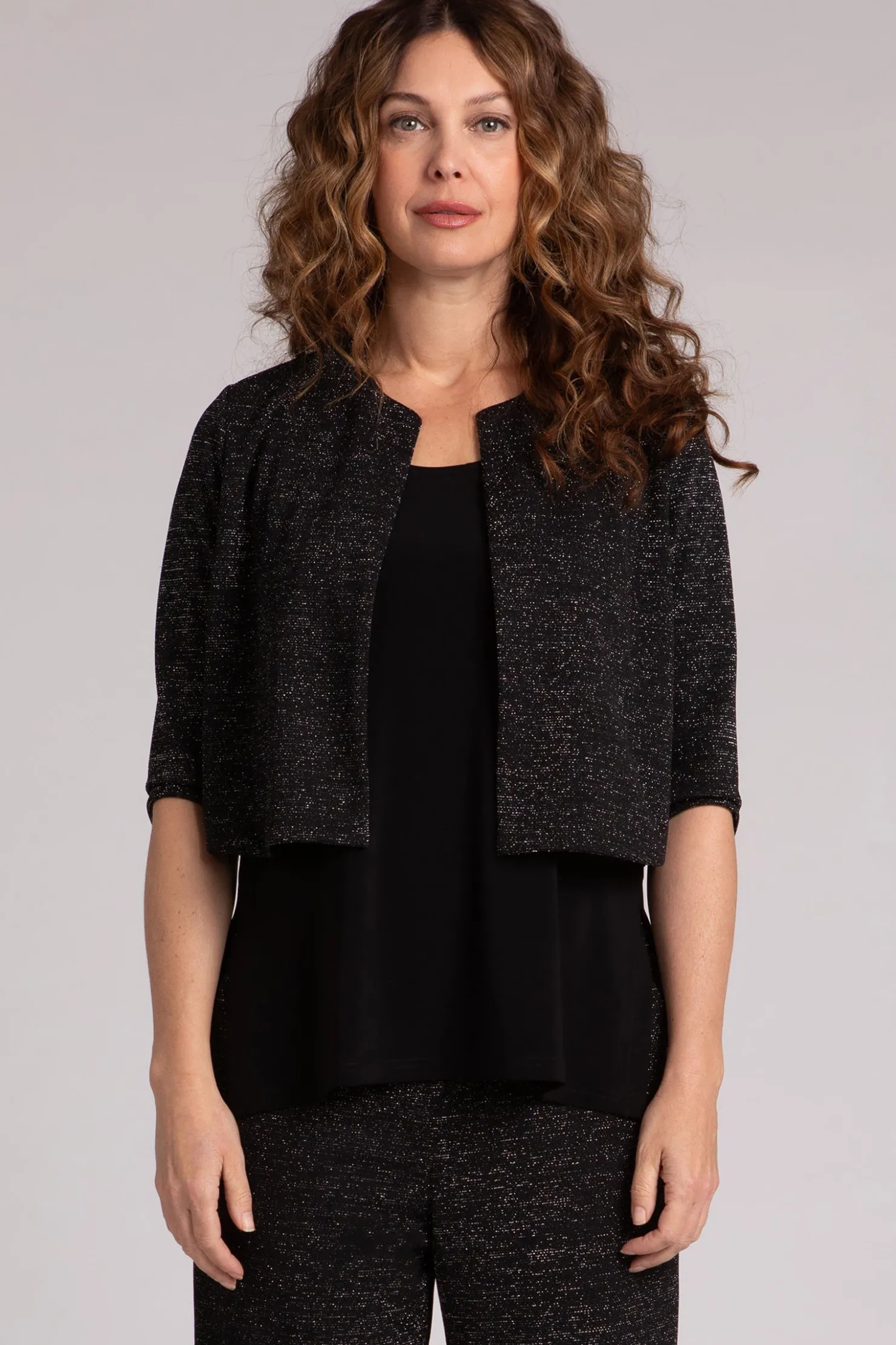 Sympli Sweaters & Cardigans>Metallic Pique Classic Bolero Cardigan Black