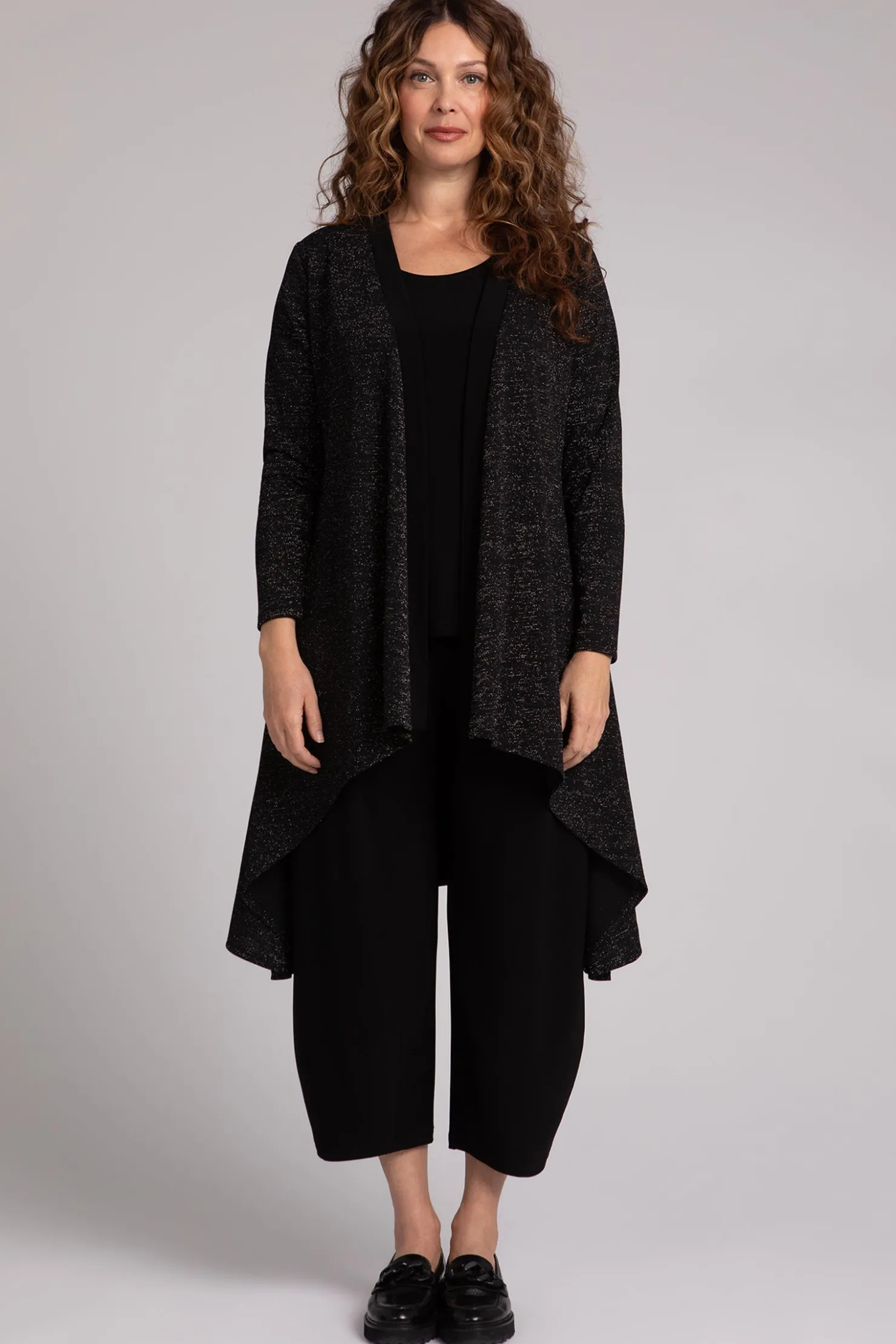 Sympli Sweaters & Cardigans>Metallic Pique Flutter Duster Cardigan Black