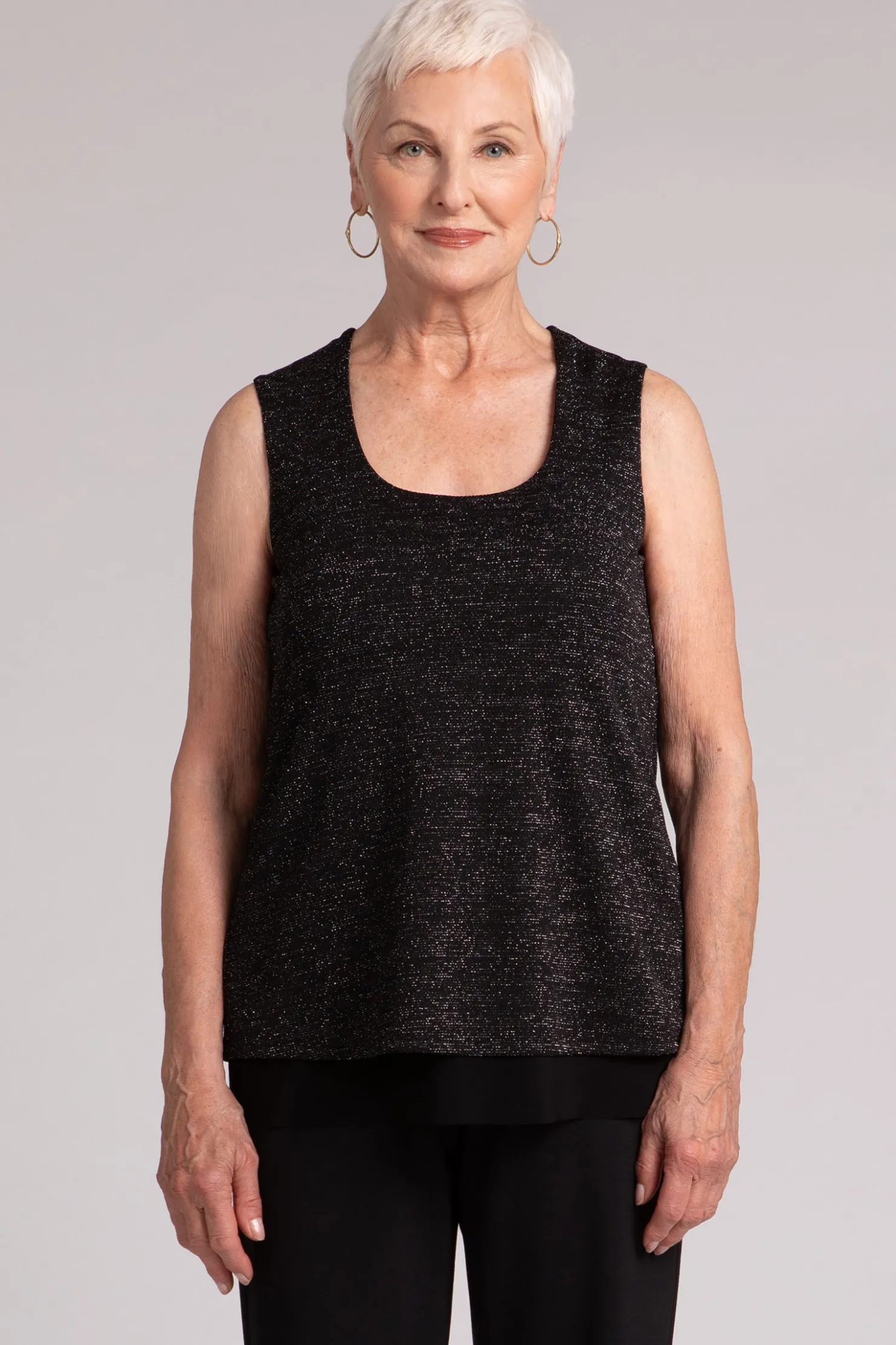 Sympli Tops>Metallic Pique Sleeveless Double Layer Shell Black