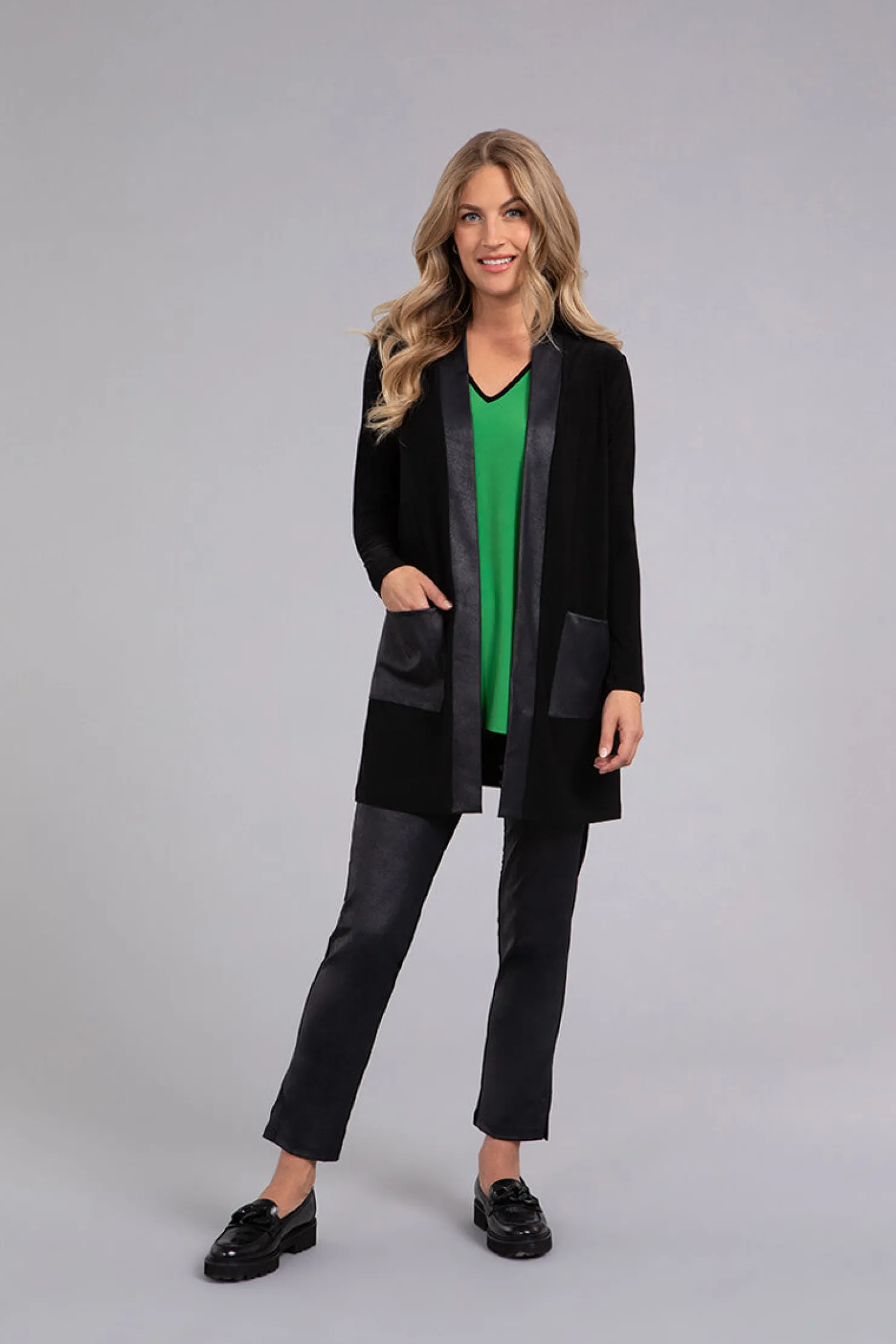 Sympli Sweaters & Cardigans>Mix Essential Cardigan with Faux Leather Black