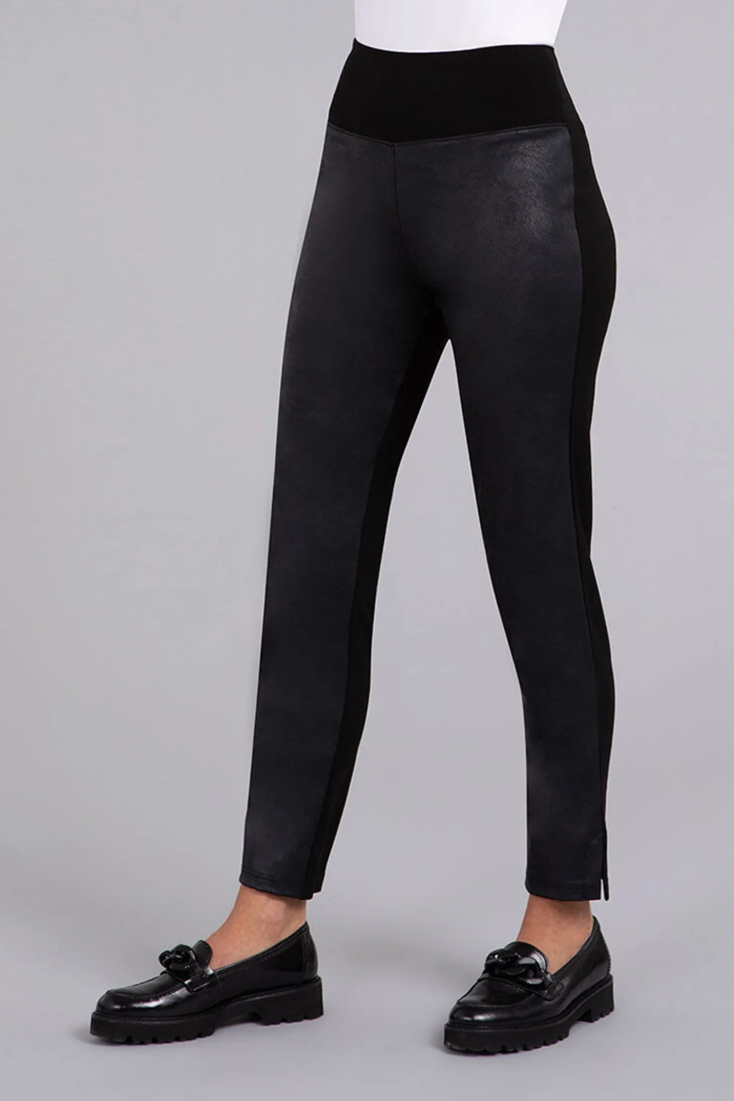 Sympli Bottoms>Mix Narrow Pant Midi with Faux Leather Black