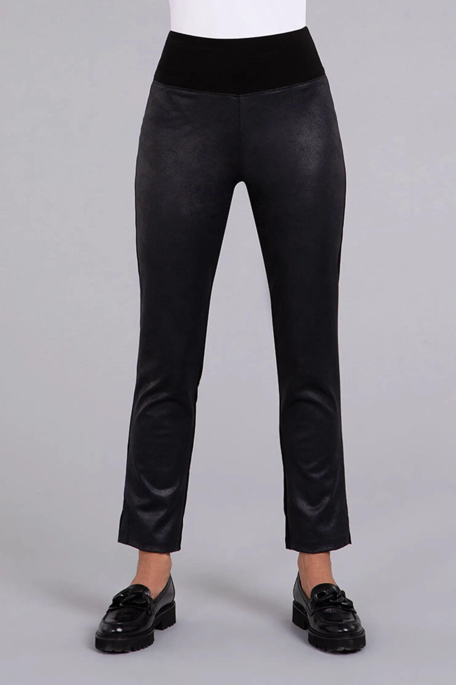 Sympli Bottoms>Mix Narrow Pant Midi with Faux Leather Black