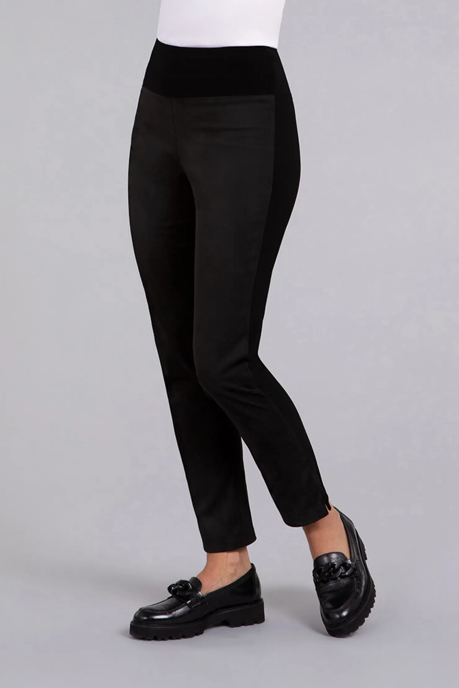 Sympli Bottoms>Mix Narrow Pant Midi with Faux Suede Black
