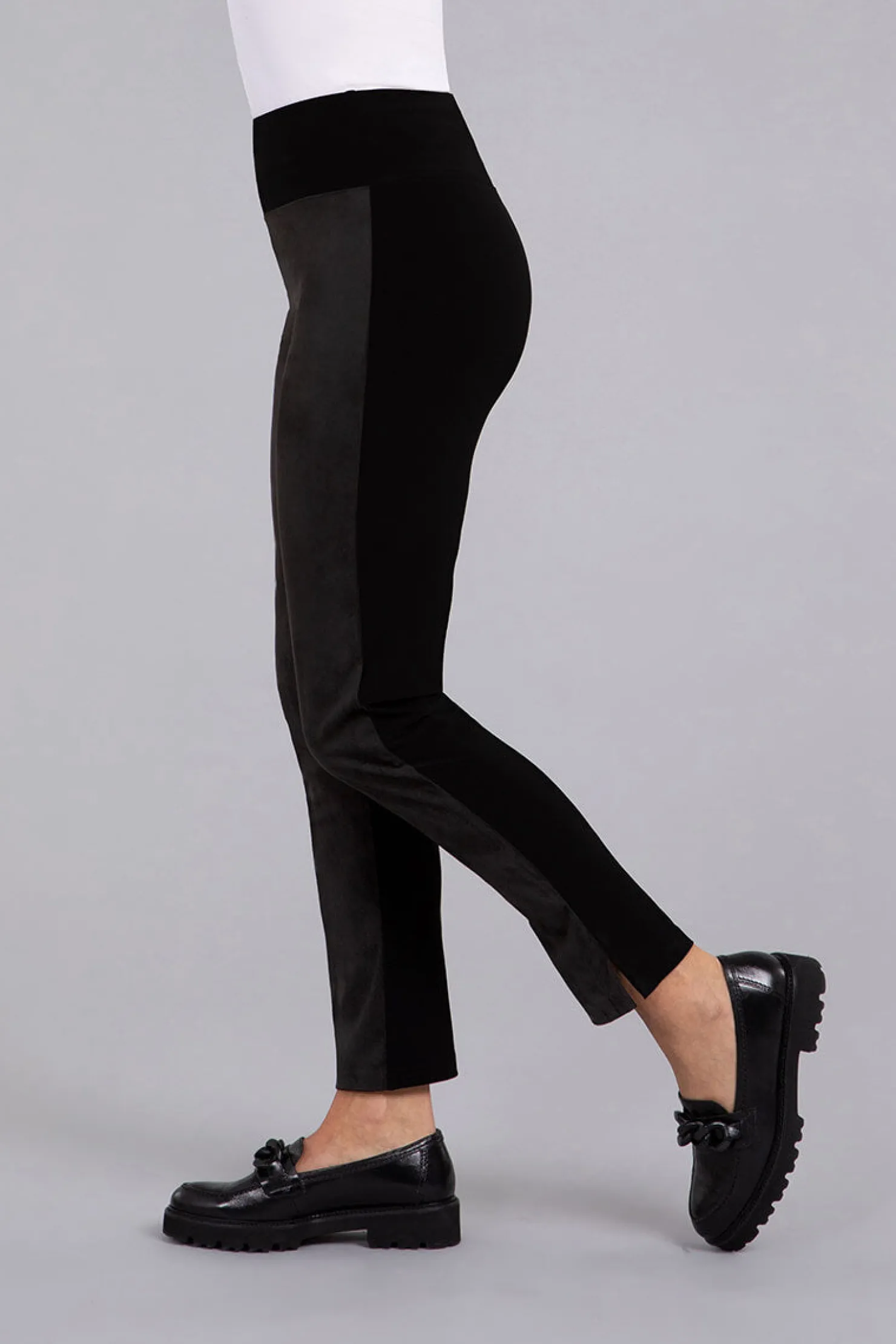 Sympli Bottoms>Mix Narrow Pant Midi with Faux Suede Black
