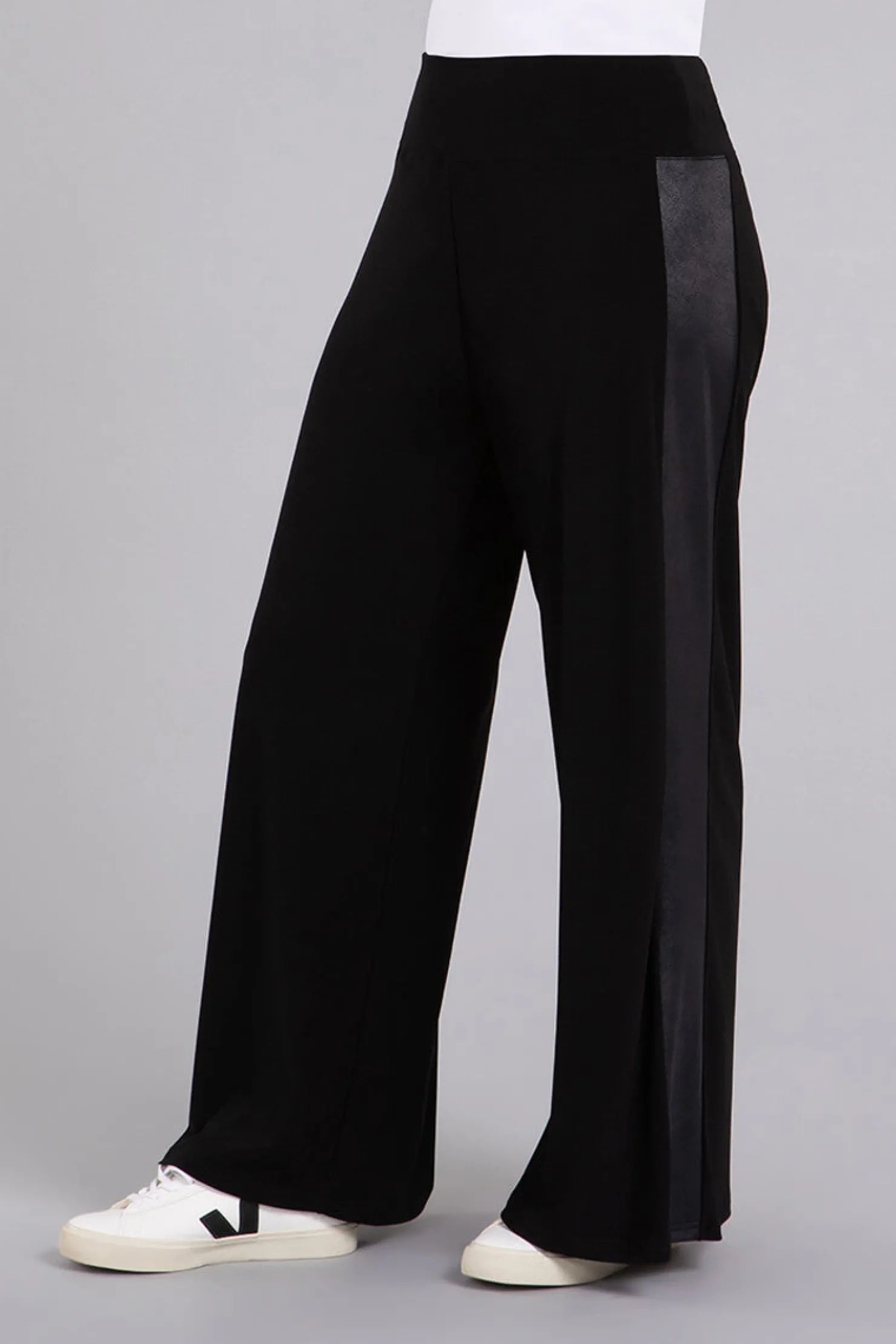 Sympli Bottoms>Mix Wide Leg Trouser with Faux Leather Black