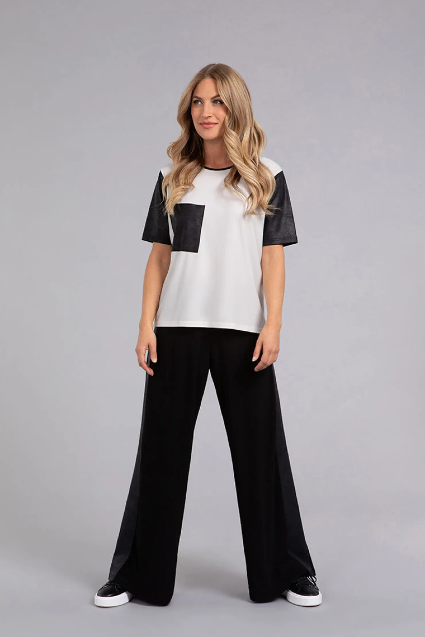 Sympli Bottoms>Mix Wide Leg Trouser with Faux Leather Black