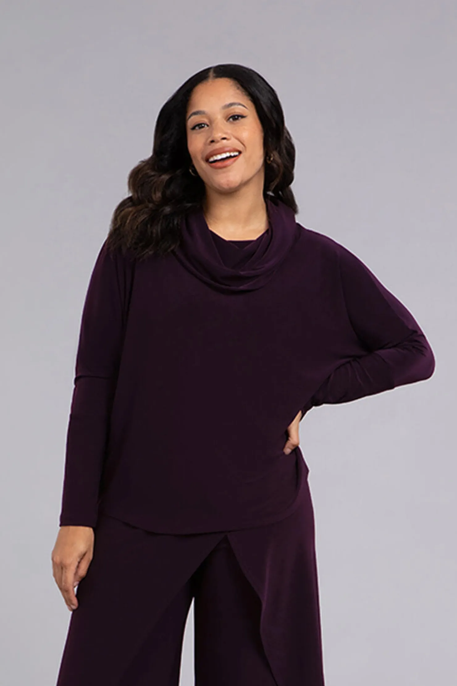 Sympli Tops>Nu Cinch Cowl Neck Top Currant