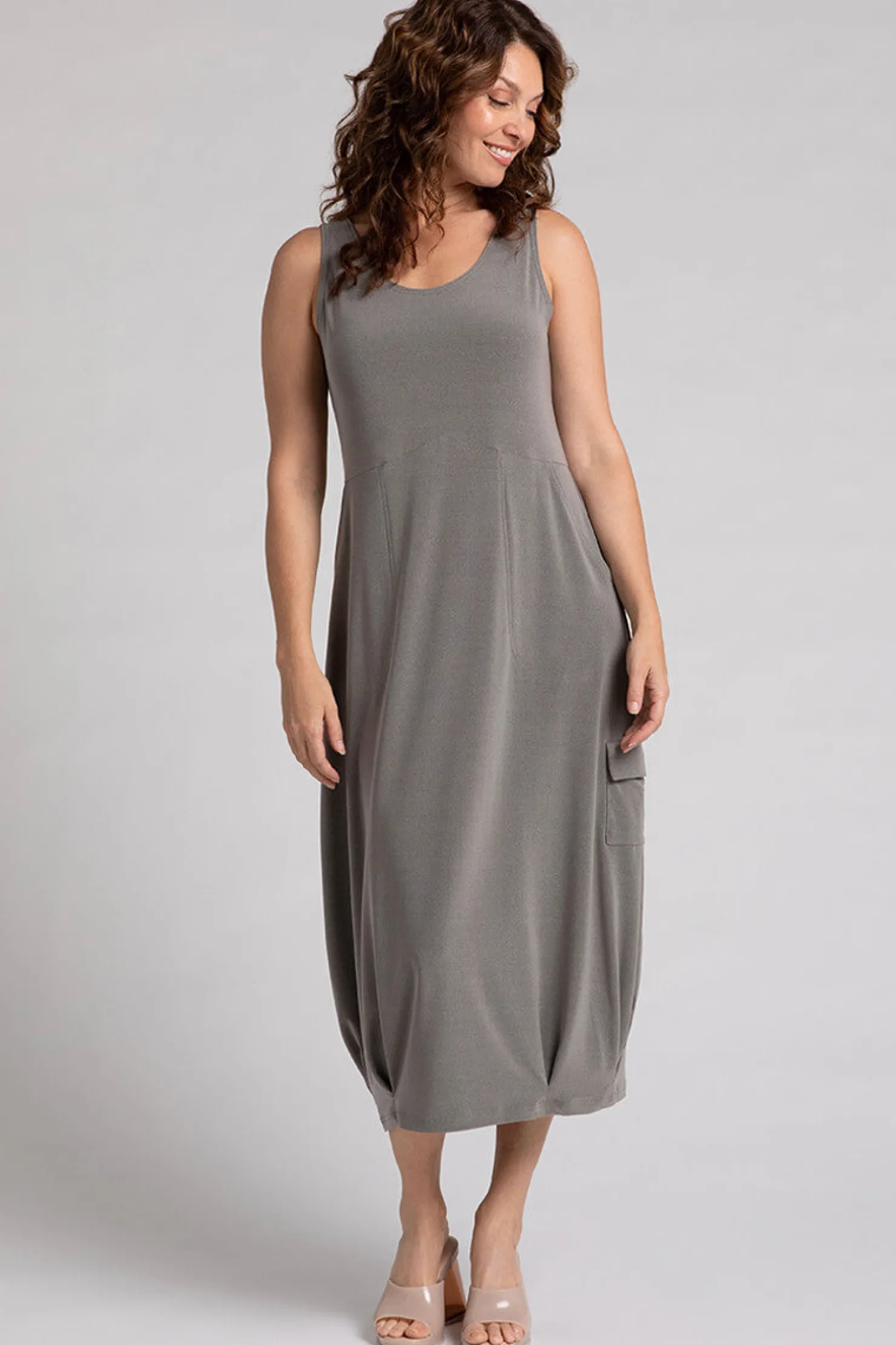 Sympli Dresses>Nu Pleat Hem Tank Dress MelangeSand