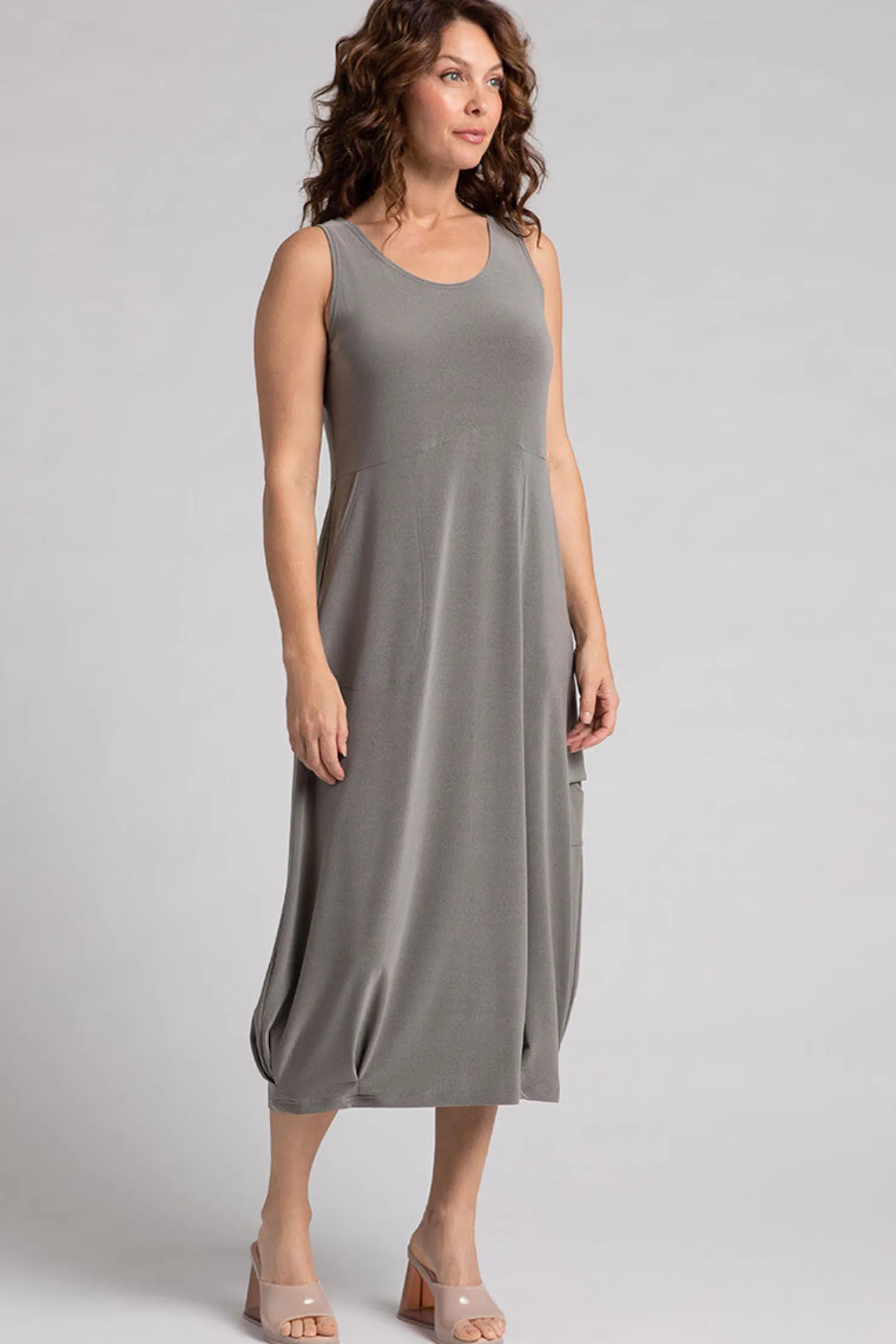 Sympli Dresses>Nu Pleat Hem Tank Dress MelangeSand