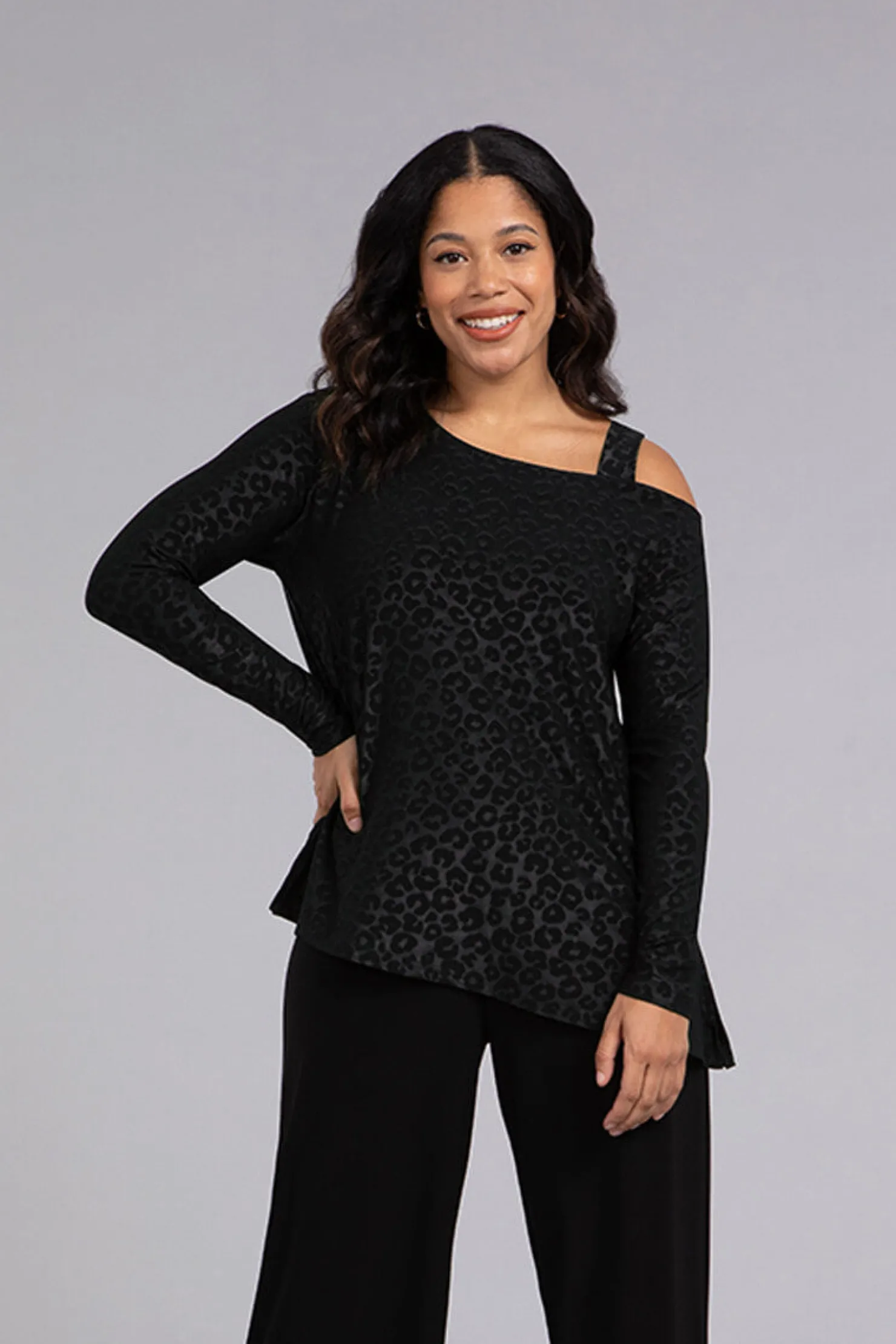 Sympli Tops>One Shoulder Top BlackAnimalEmboss