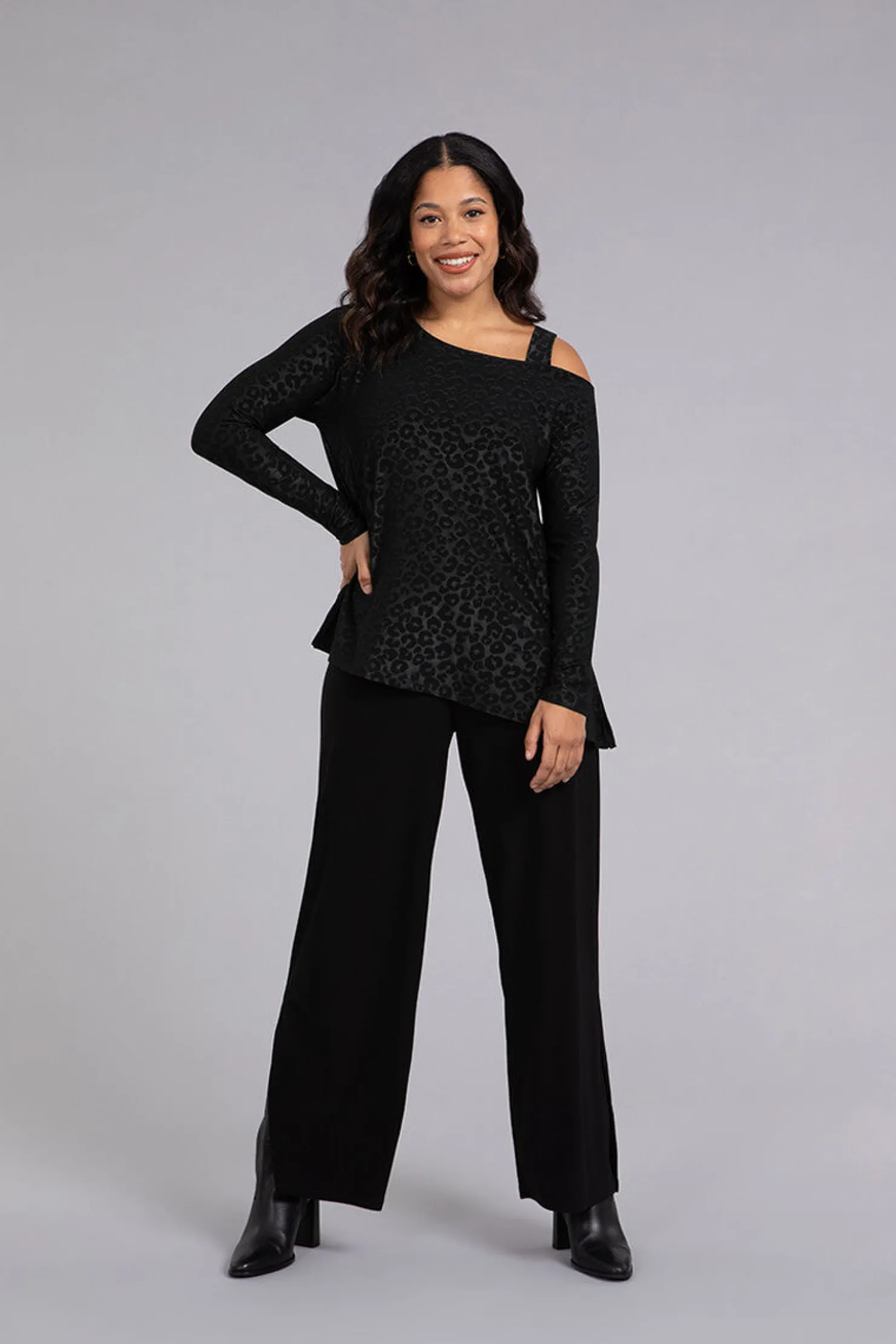 Sympli Tops>One Shoulder Top BlackAnimalEmboss
