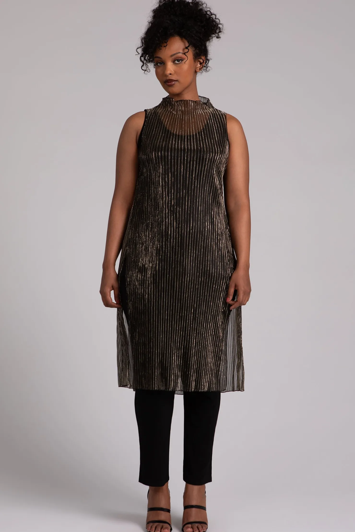 Sympli Dresses>Pleated Mesh Funnel Neck Slit Over Under Black/Gold