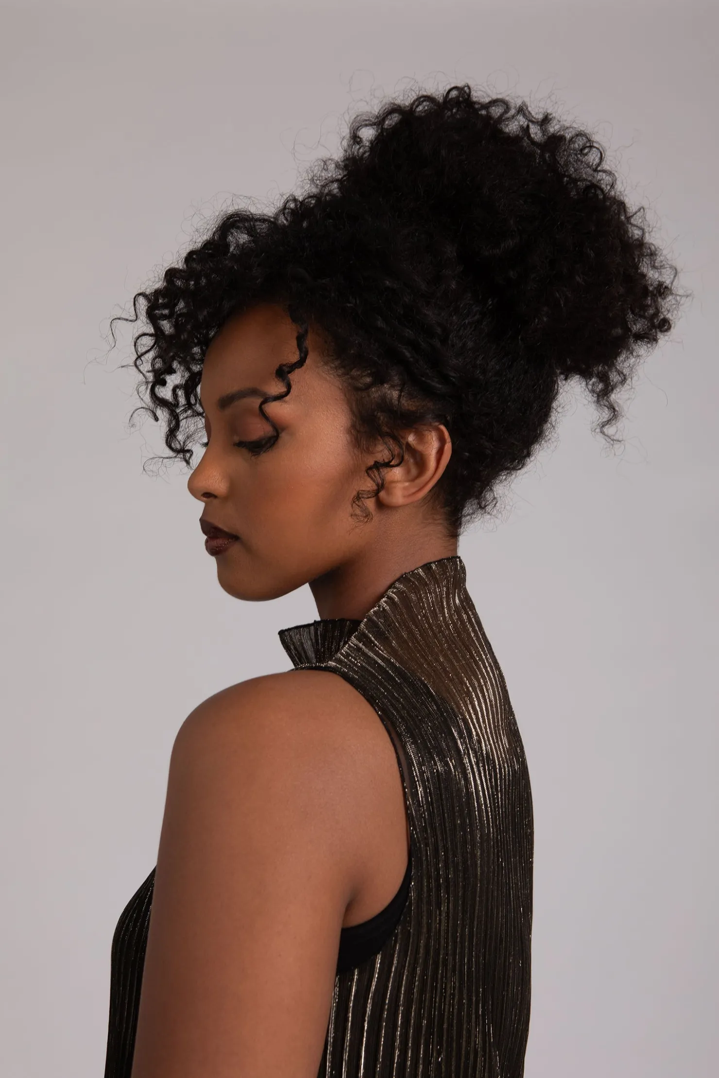 Sympli Dresses>Pleated Mesh Funnel Neck Slit Over Under Black/Gold