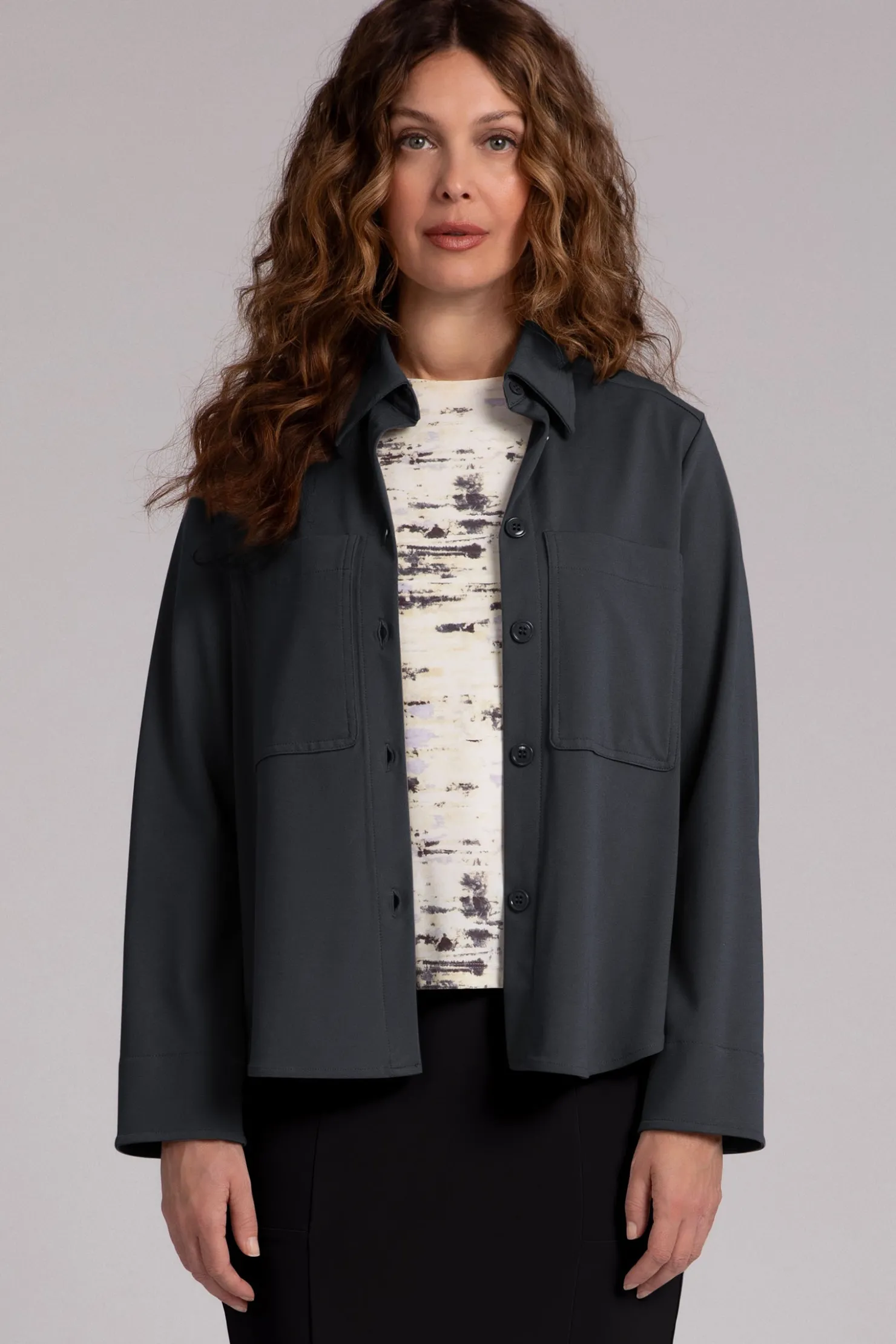 Sympli Jackets & Coats>Ponte Hepburn Shorty Shacket Graphite