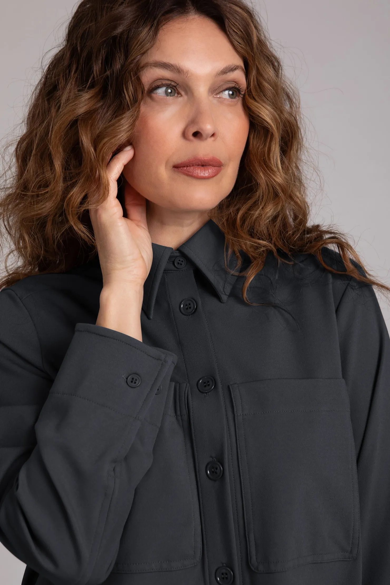 Sympli Jackets & Coats>Ponte Hepburn Shorty Shacket Graphite