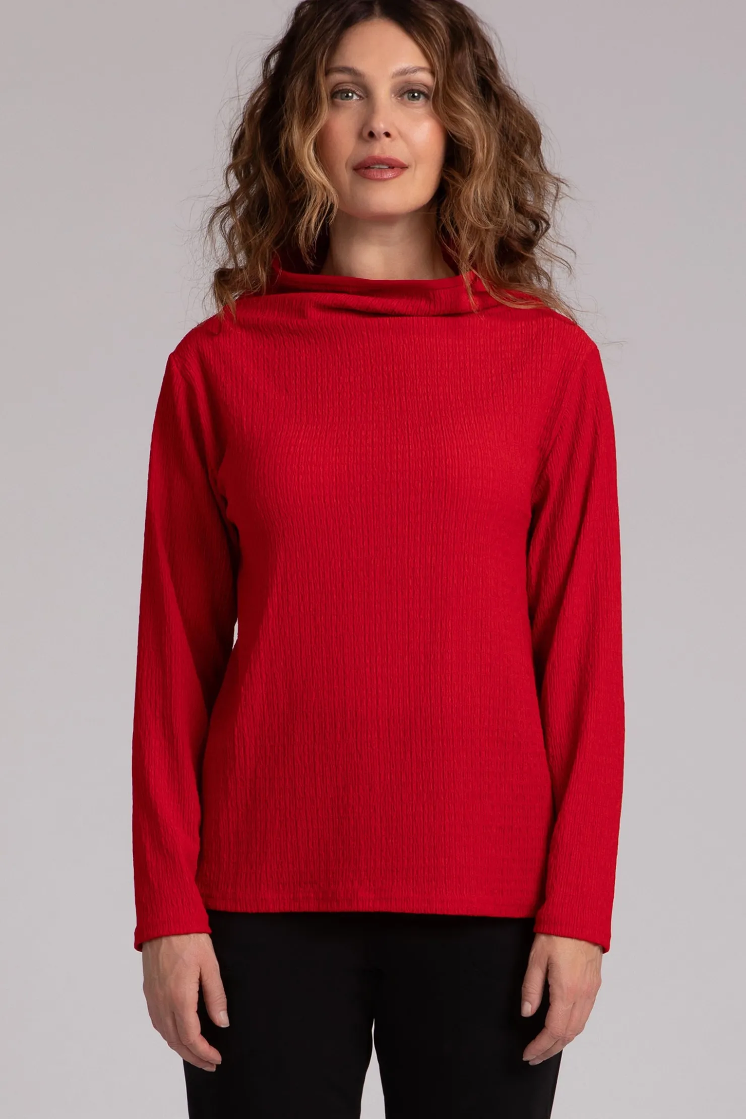 Sympli Tops>Popcorn Waffle Funnel Neck Top Poppy