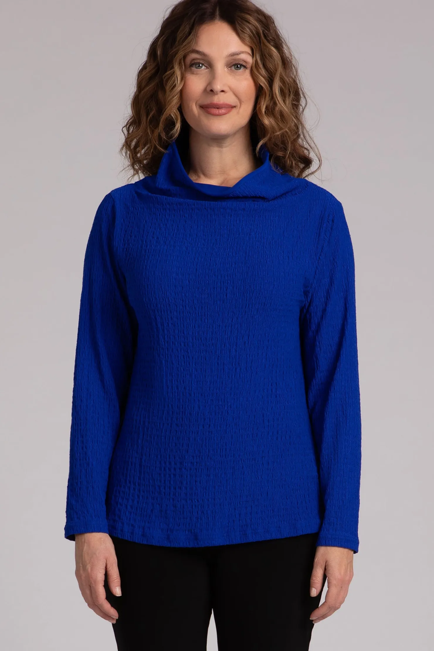 Sympli Tops>Popcorn Waffle Funnel Neck Top Lapis