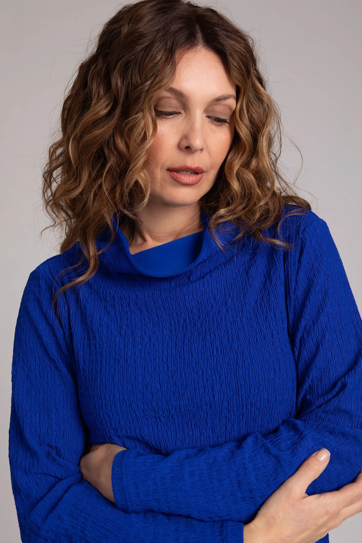 Sympli Tops>Popcorn Waffle Funnel Neck Top Lapis
