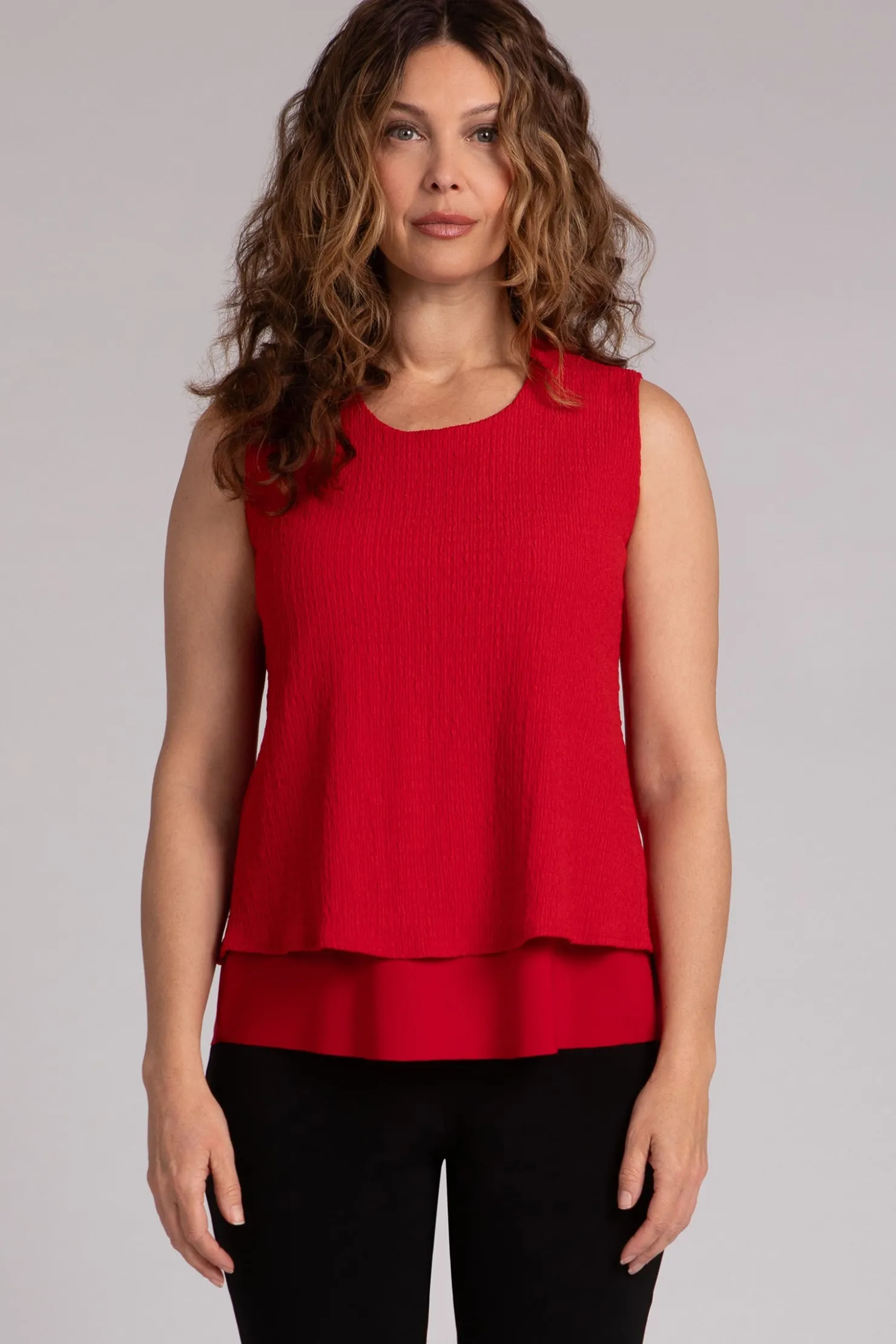 Sympli Tops>Popcorn Waffle Sleeveless Double Layer Shell Poppy