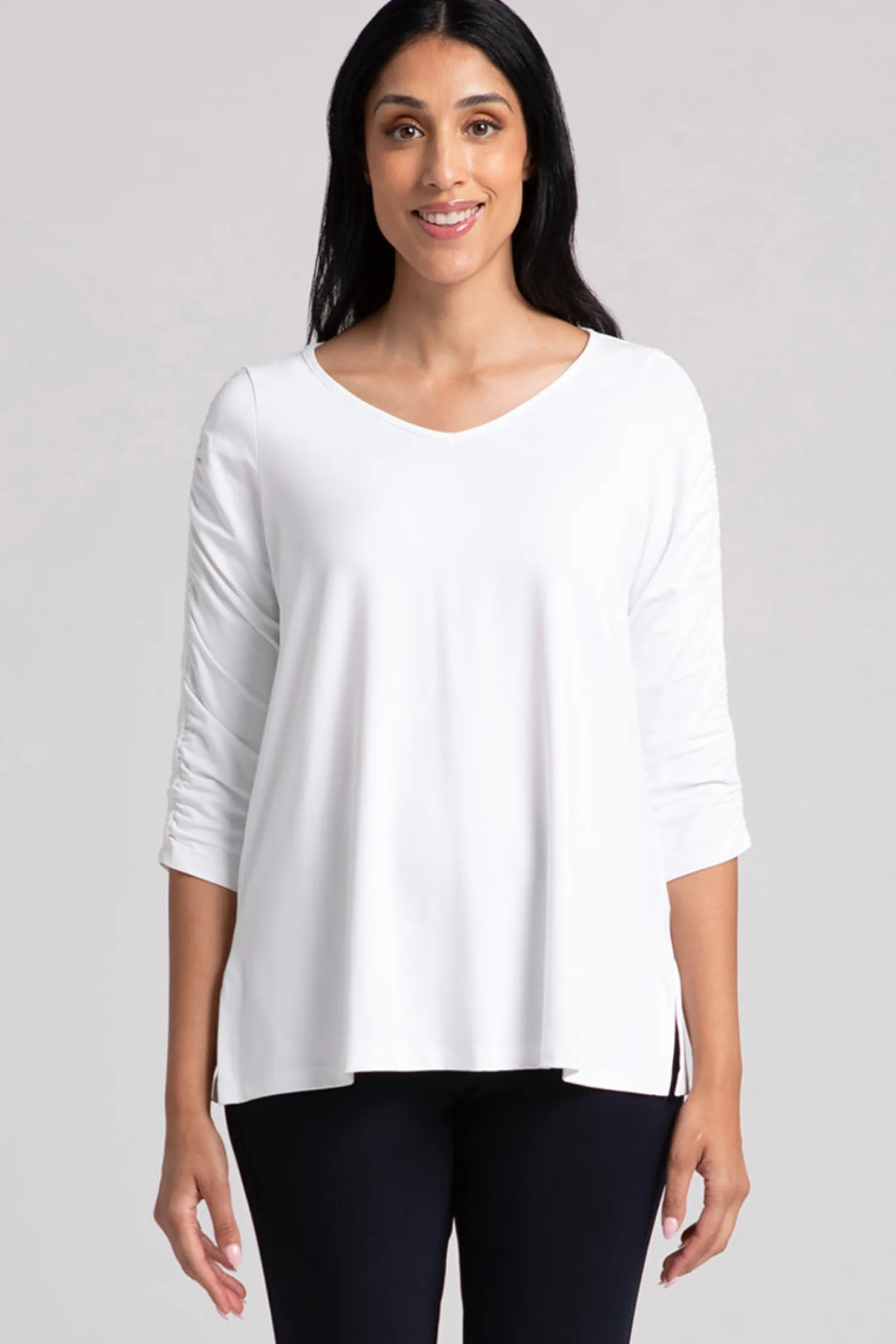 Sympli Tops>Revelry Top with Ruched Sleeve White