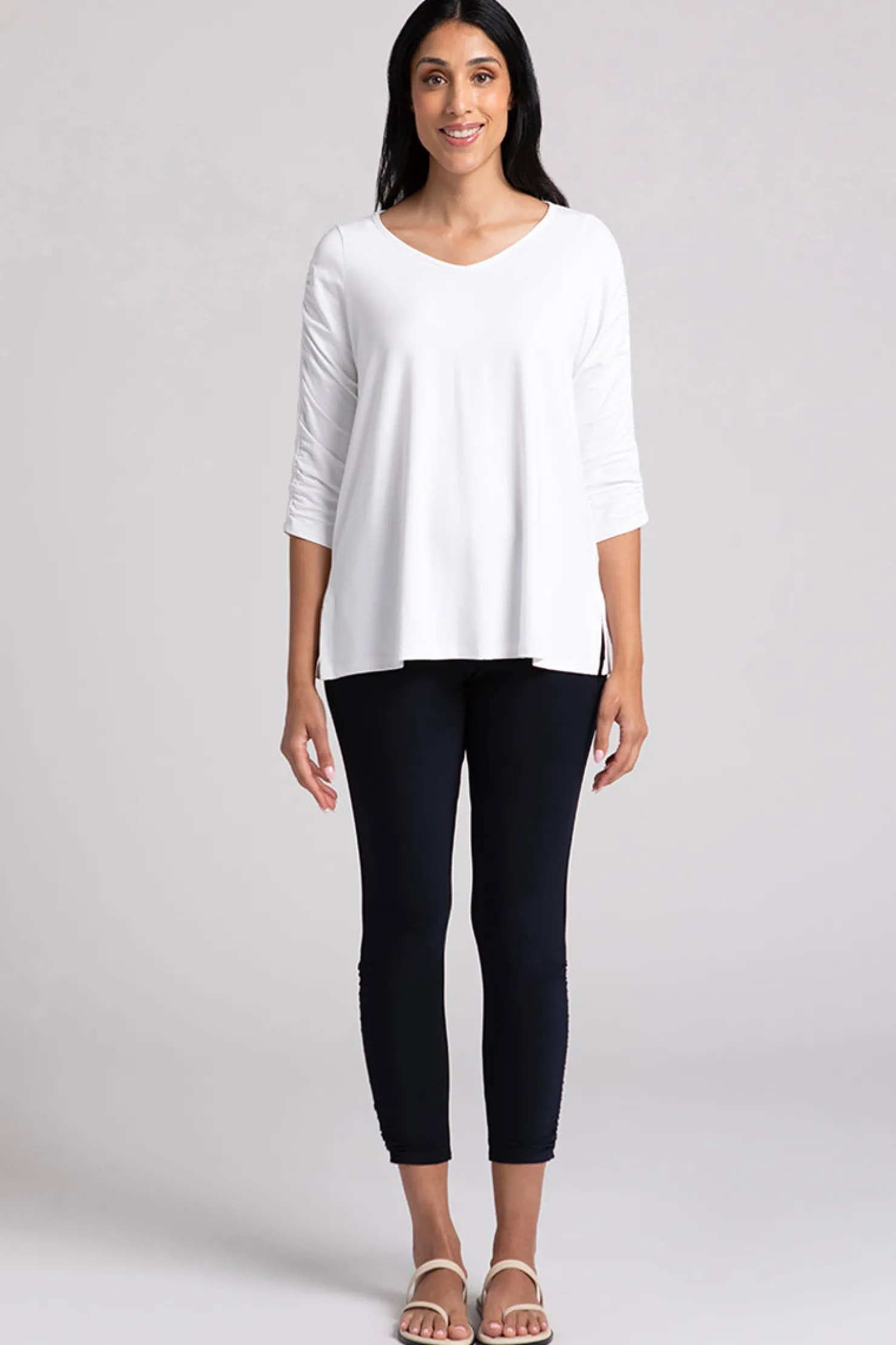 Sympli Tops>Revelry Top with Ruched Sleeve White
