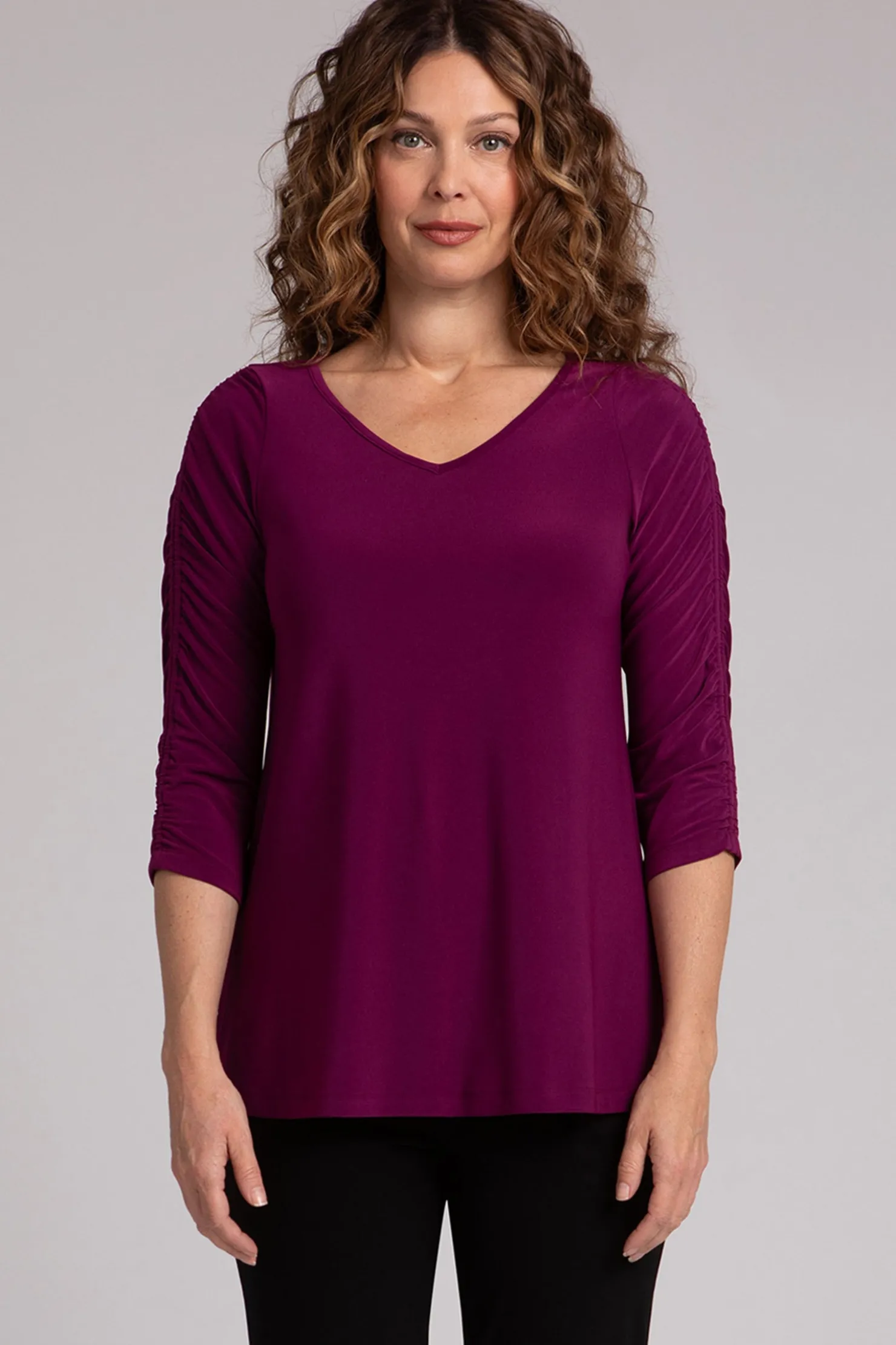 Sympli Tops>Revelry Top with Rusched Sleeve Amaranth