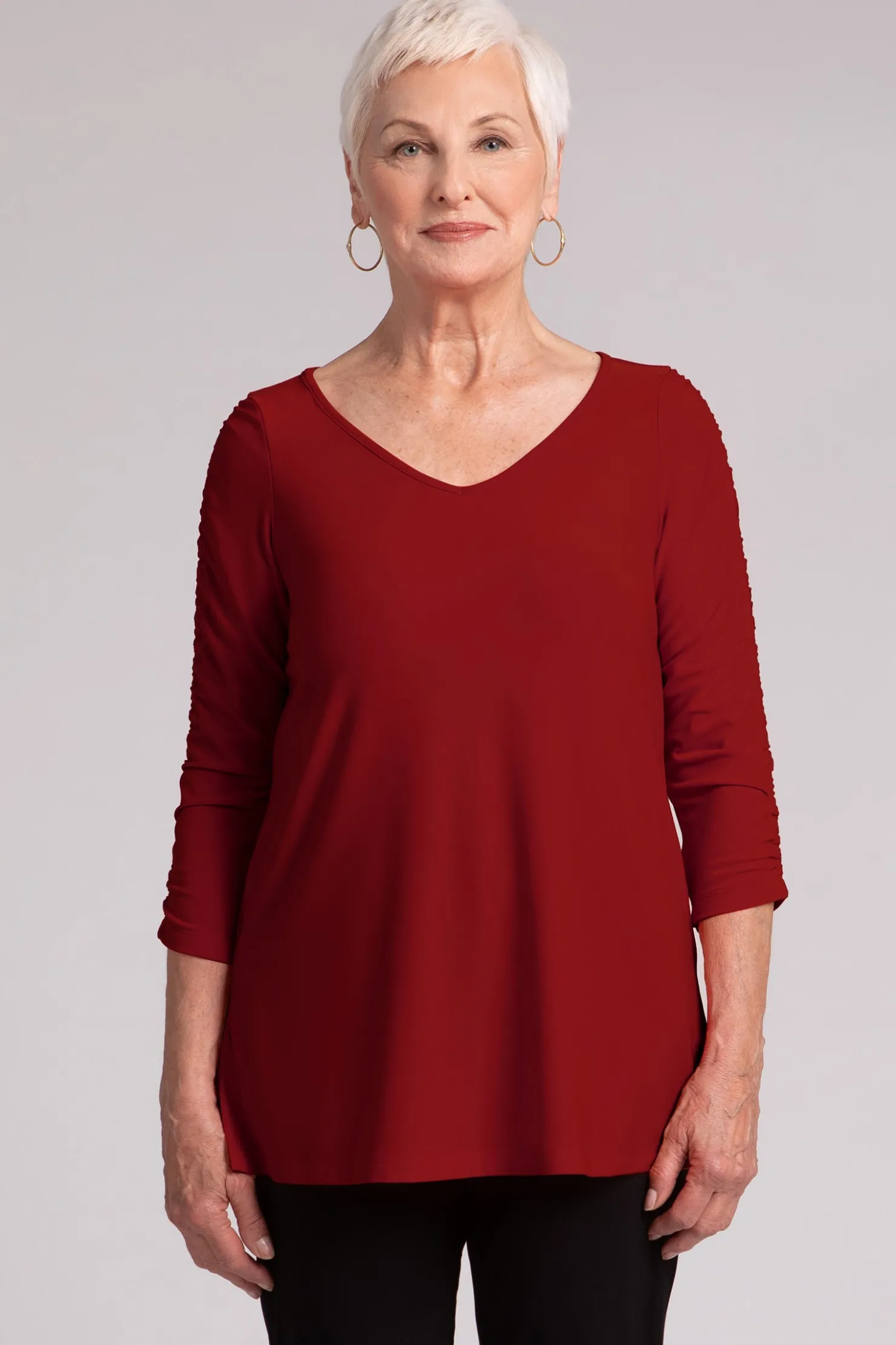 Sympli Tops>Revelry Top with Rusched Sleeve Red