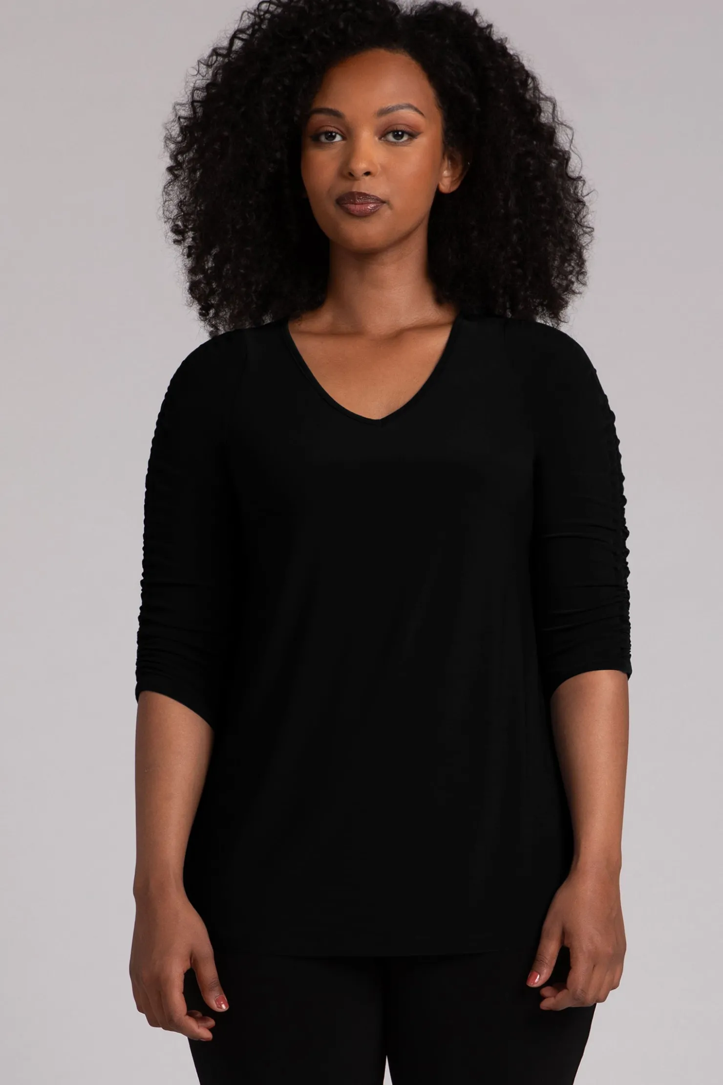 Sympli Tops>Revelry Top with Rusched Sleeve Black