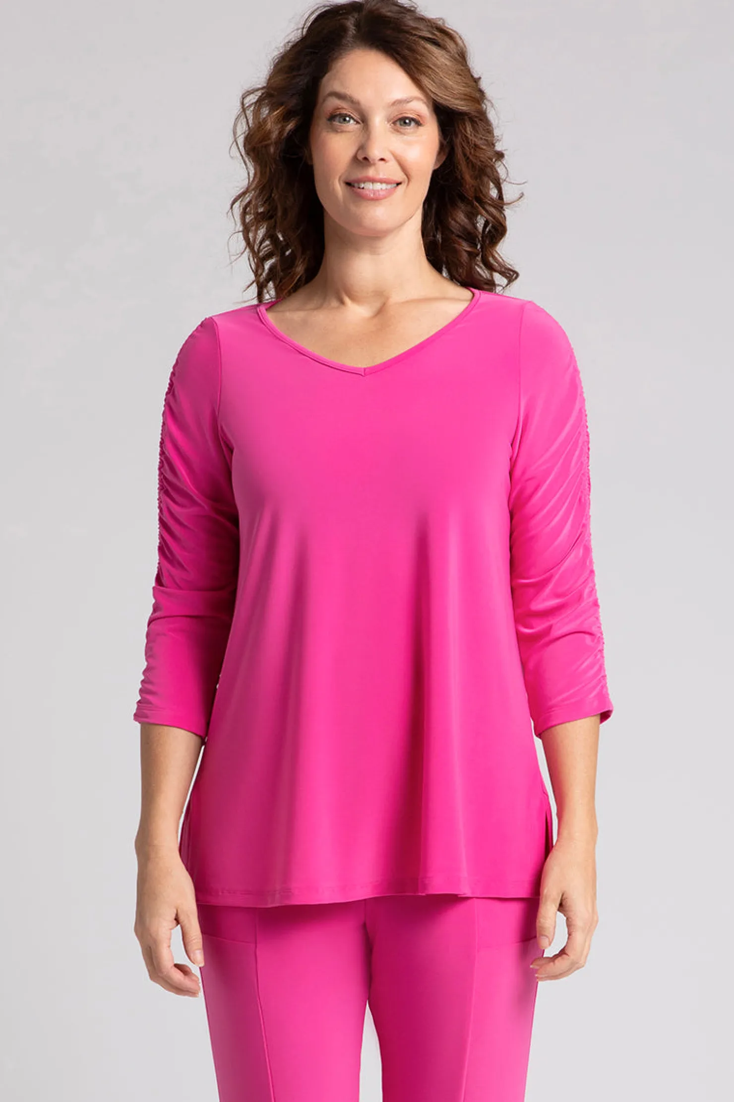 Sympli Tops>Revelry Top with Rusched Sleeve Peony