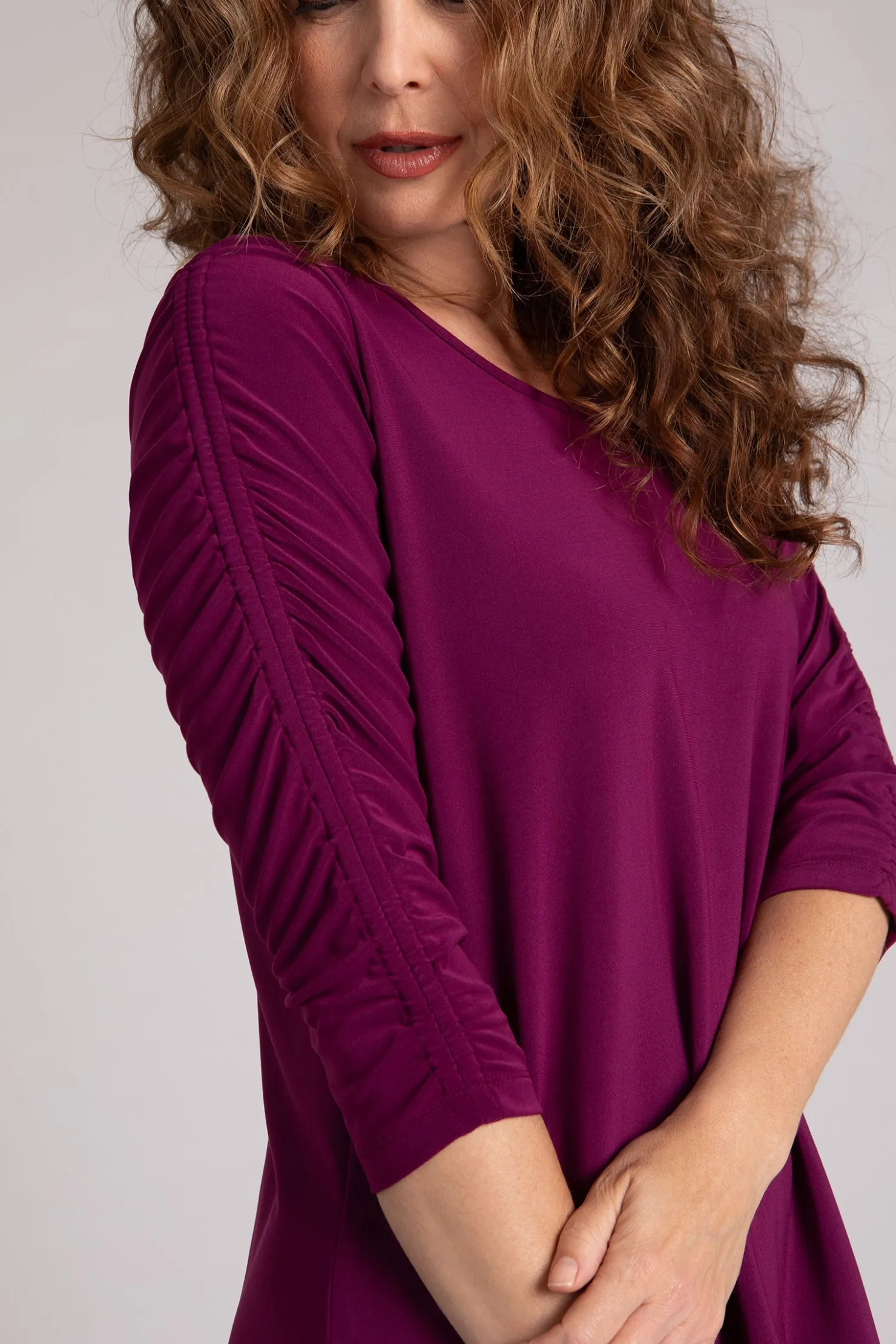 Sympli Tops>Revelry Top with Rusched Sleeve Amaranth