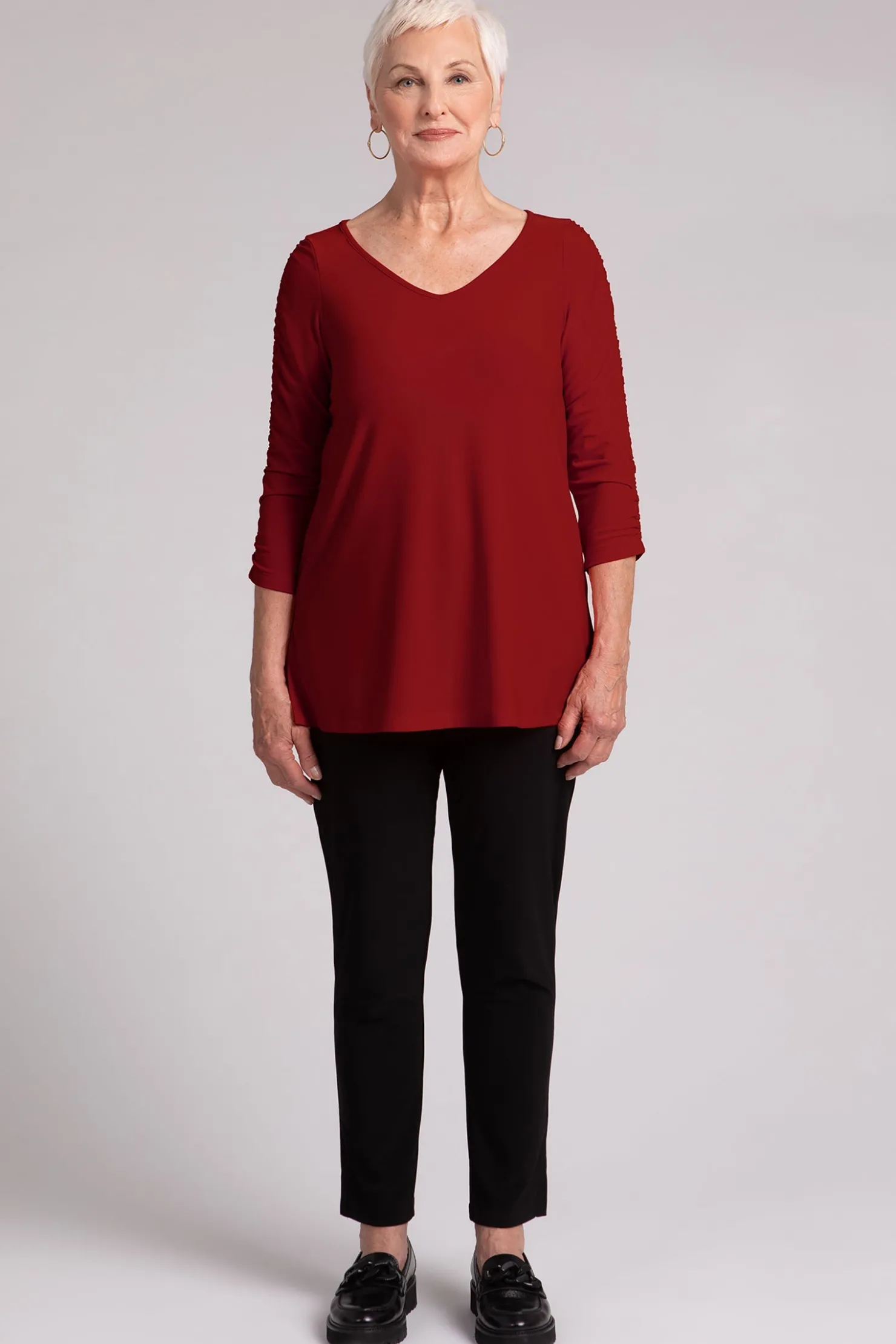Sympli Tops>Revelry Top with Rusched Sleeve Red