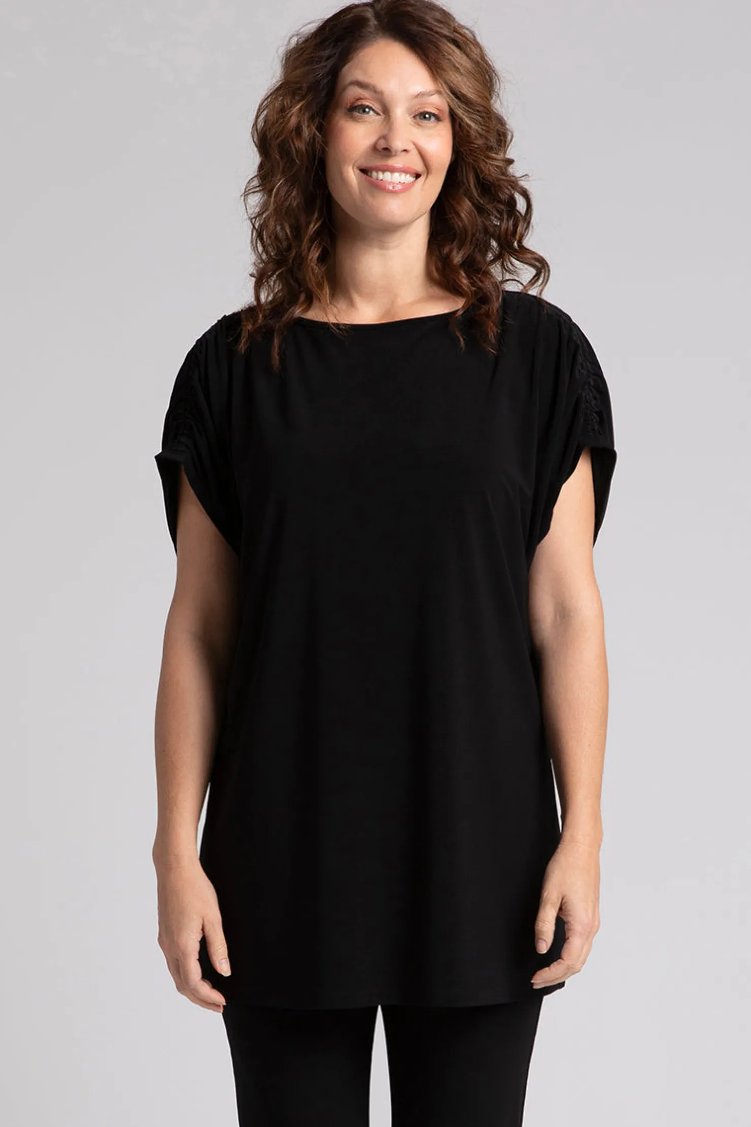 Sympli Tops>Revelry Tunic with Ruched Shoulder Black