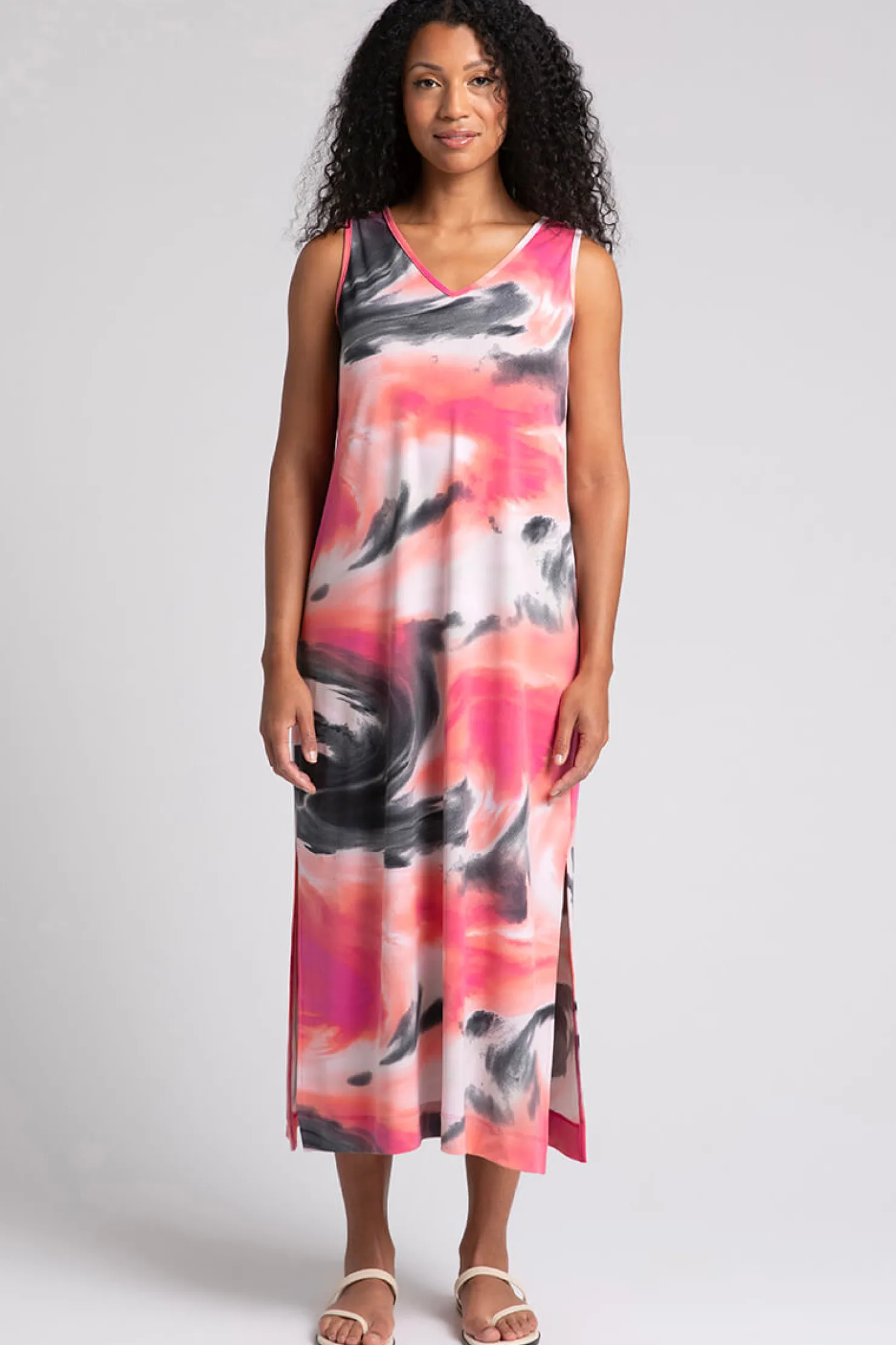 Sympli Dresses>Reversible Slit Tank Dress MarblePrint