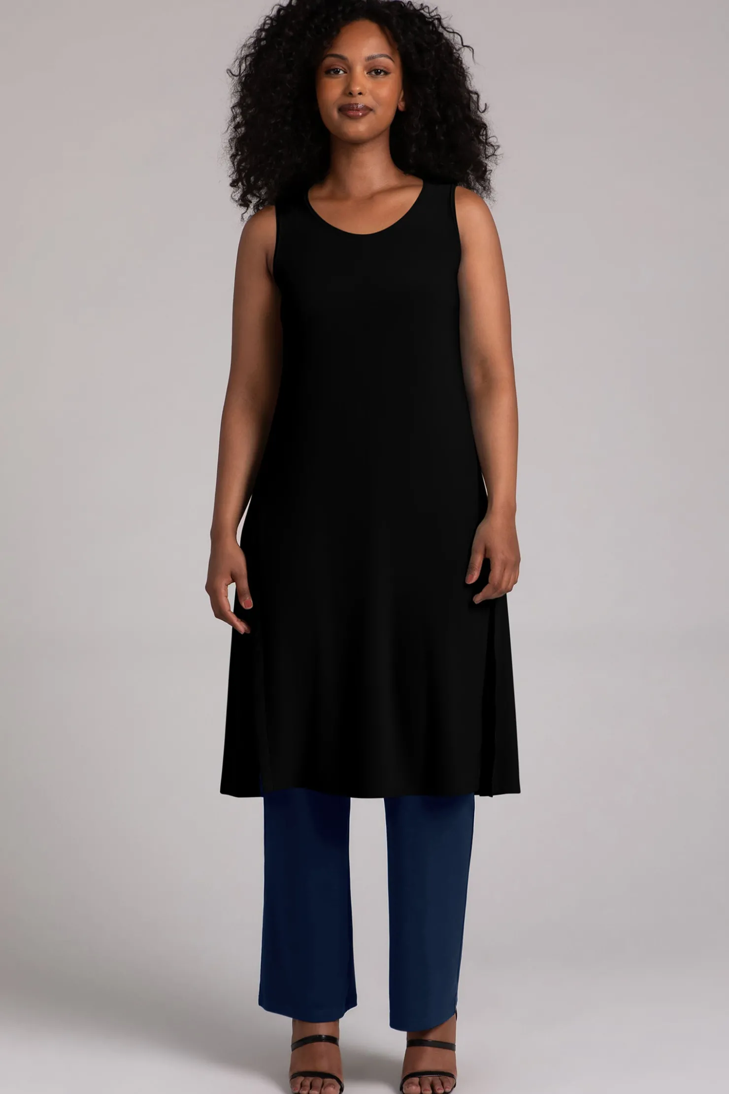 Sympli Dresses>Sleeveless High Slit Over Under Black