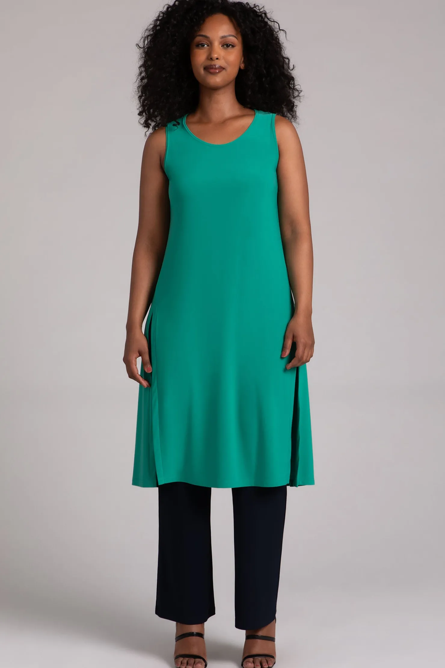 Sympli Dresses>Sleeveless High Slit Over Under Emerald