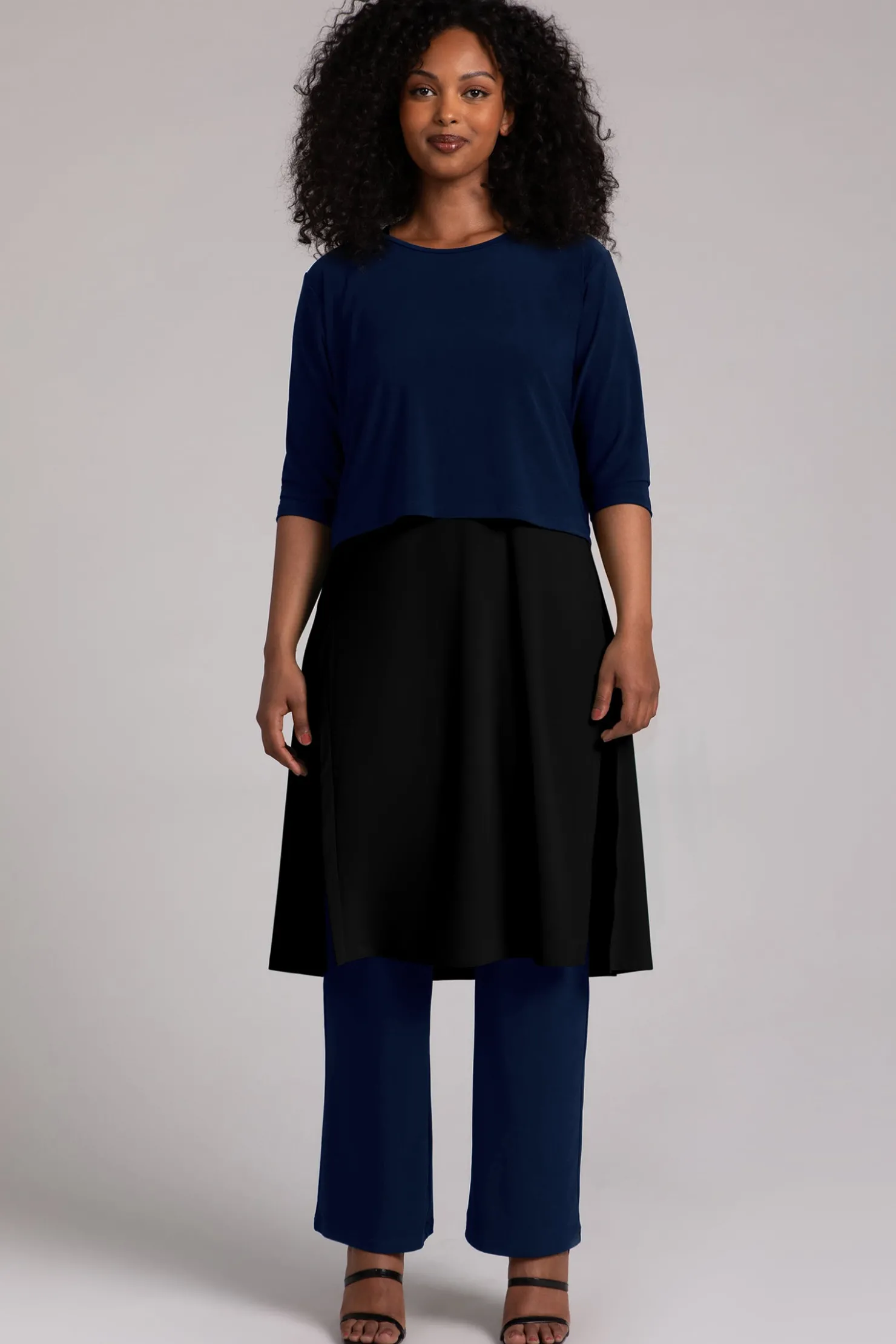 Sympli Dresses>Sleeveless High Slit Over Under Black