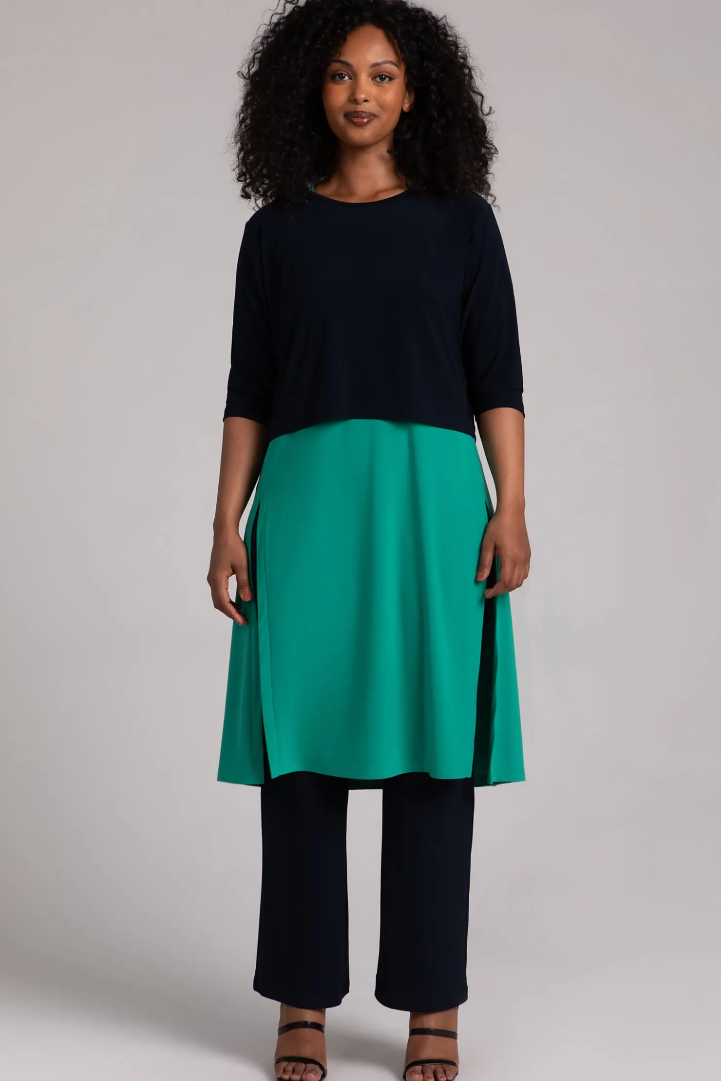 Sympli Dresses>Sleeveless High Slit Over Under Emerald