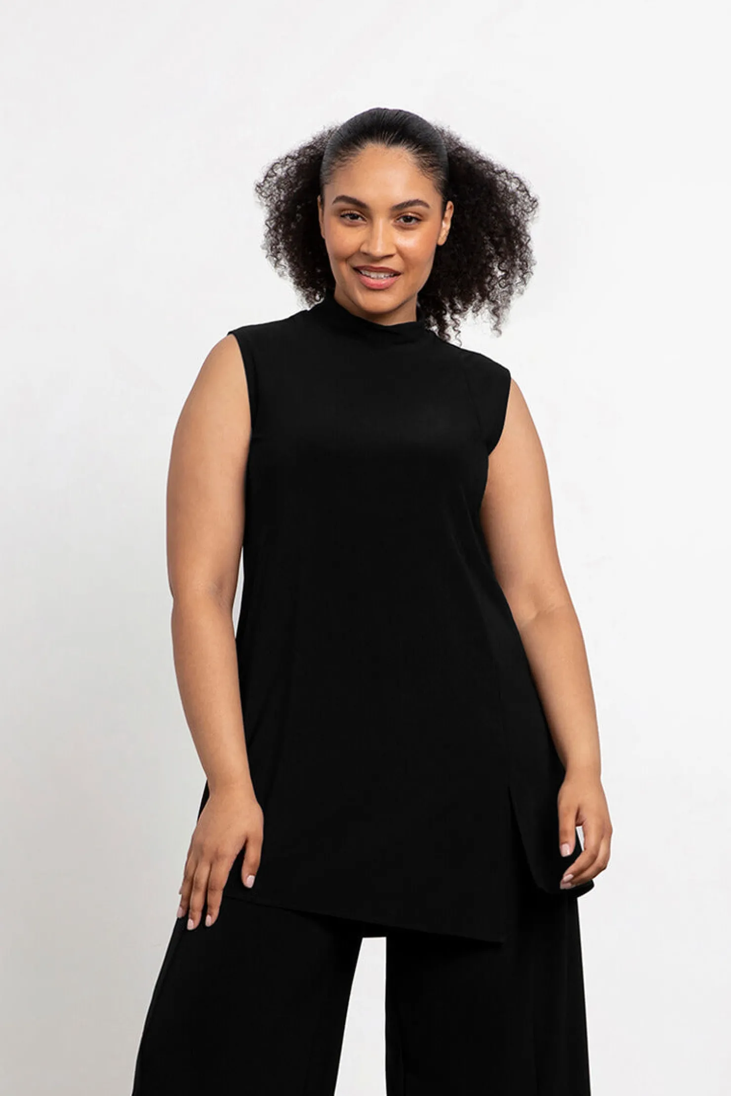 Sympli Tops>Sleeveless Mock Neck Slit Tunic Black