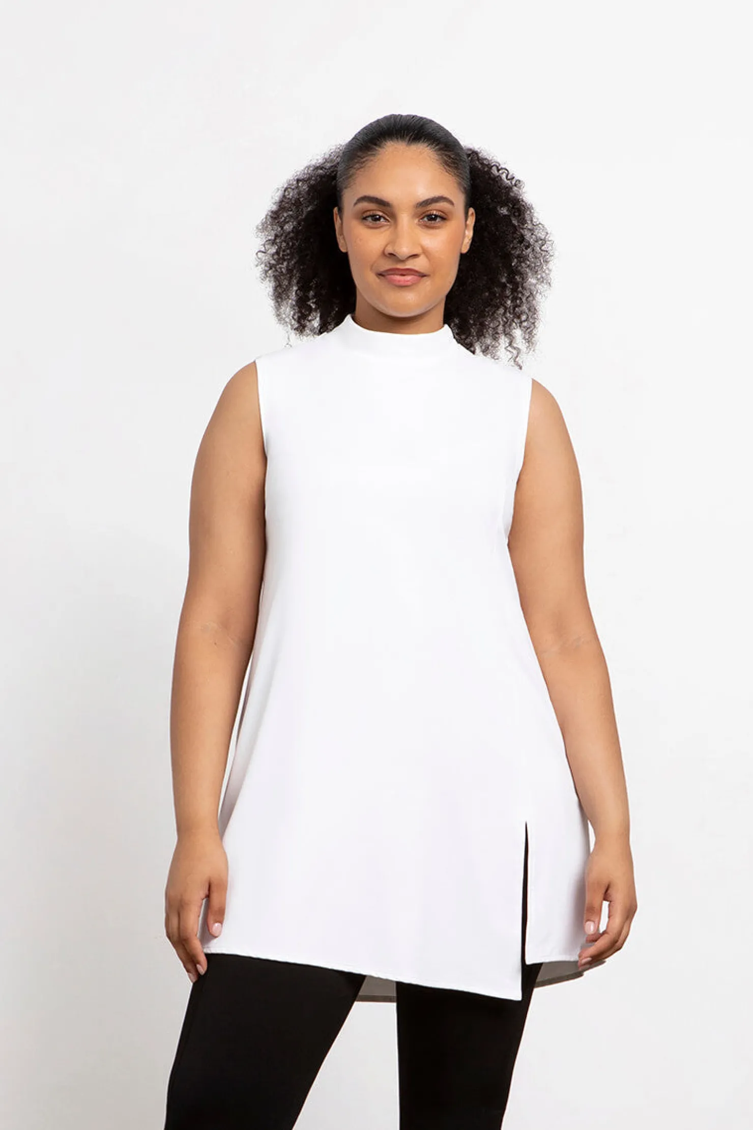 Sympli Tops>Sleeveless Mock Neck Slit Tunic White