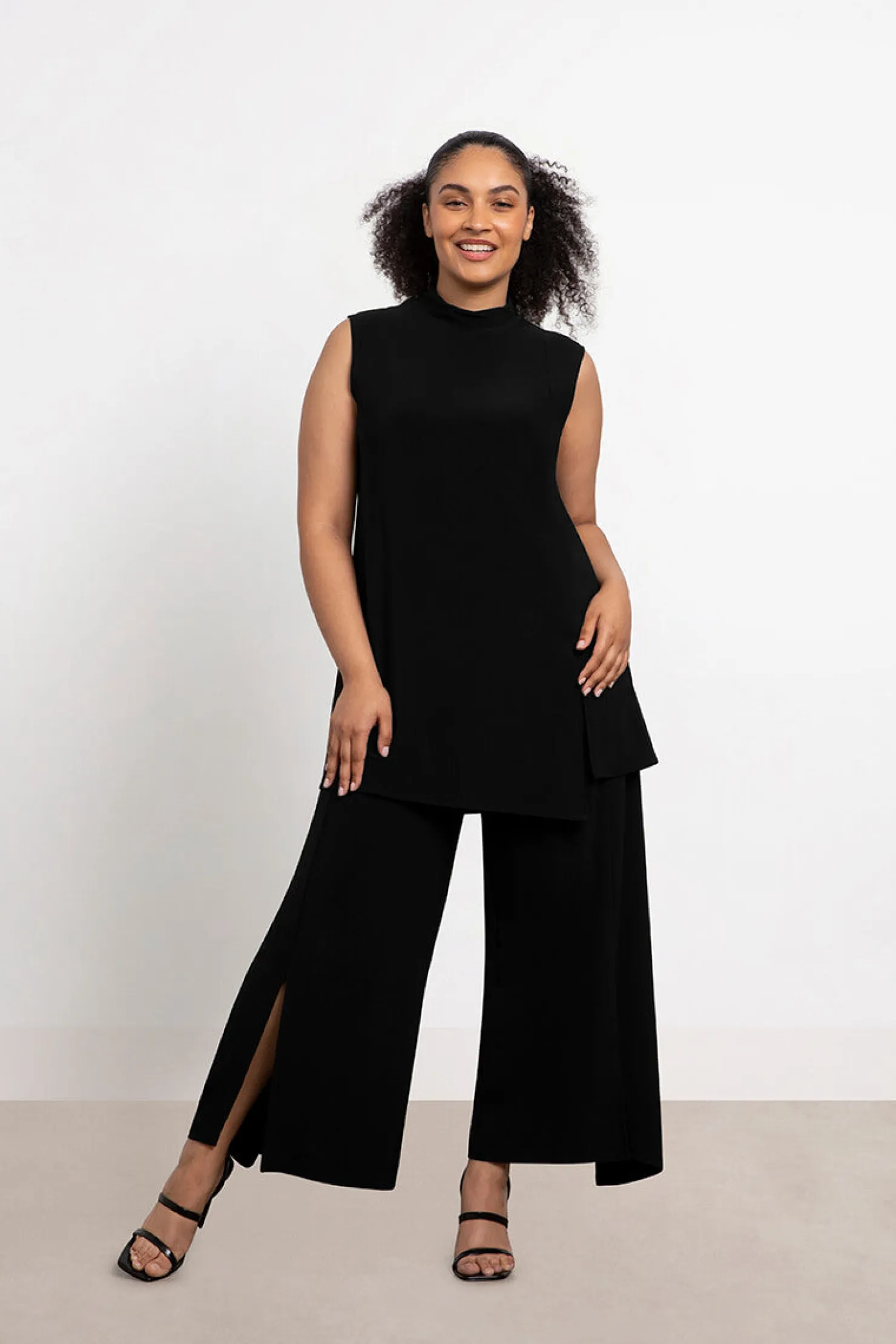 Sympli Tops>Sleeveless Mock Neck Slit Tunic Black