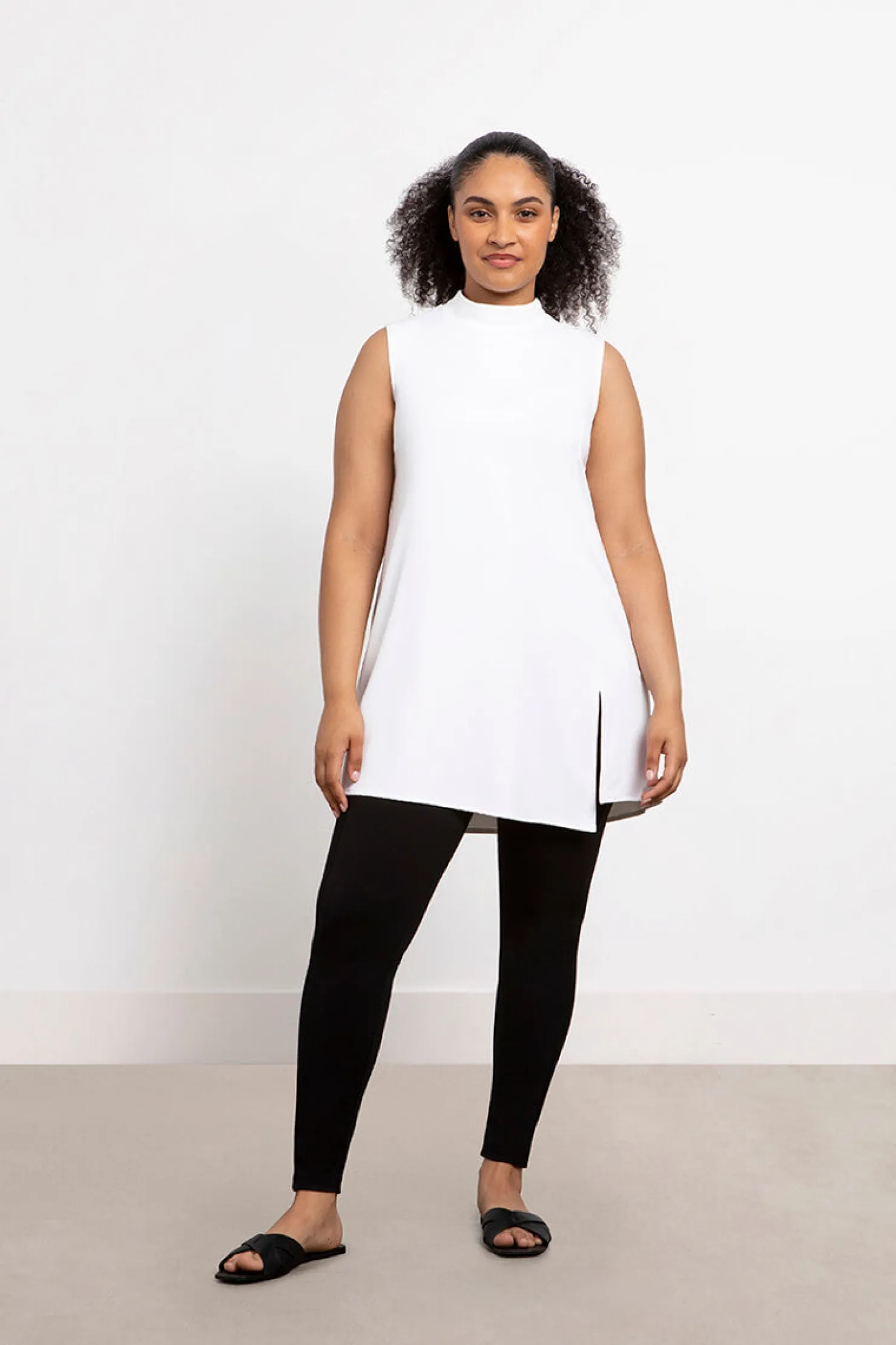 Sympli Tops>Sleeveless Mock Neck Slit Tunic White