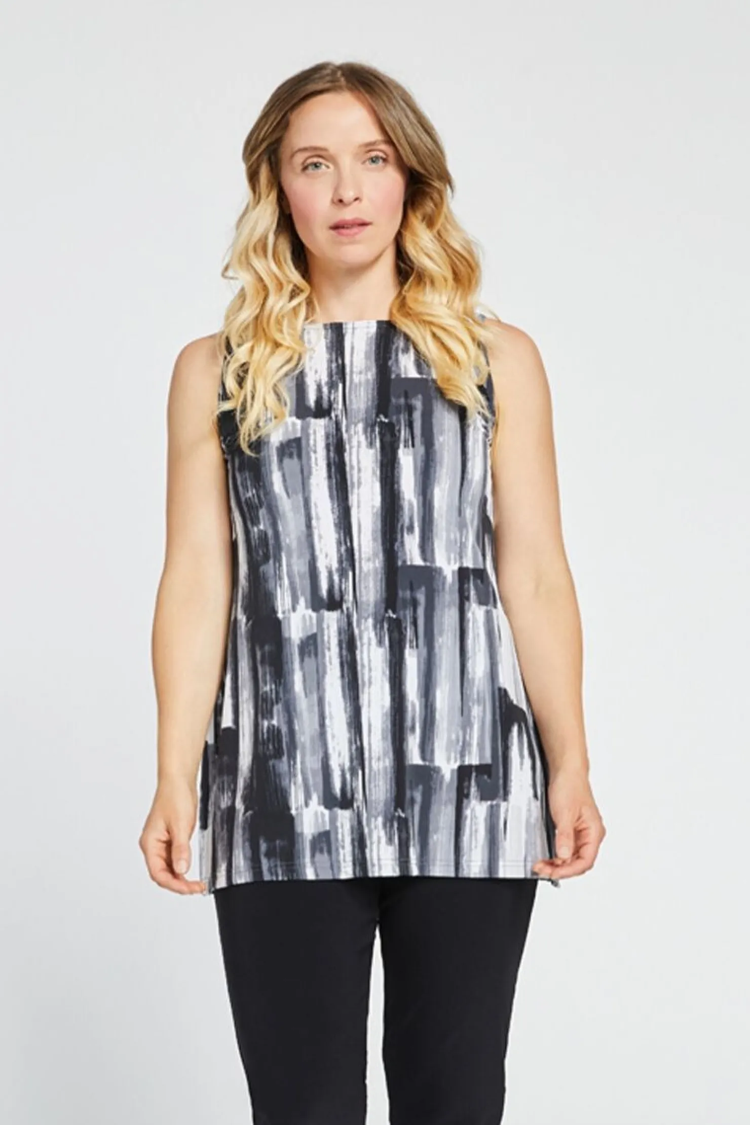 Sympli Tops>Sleeveless Nu Ideal Tunic BrushstrokeGrey
