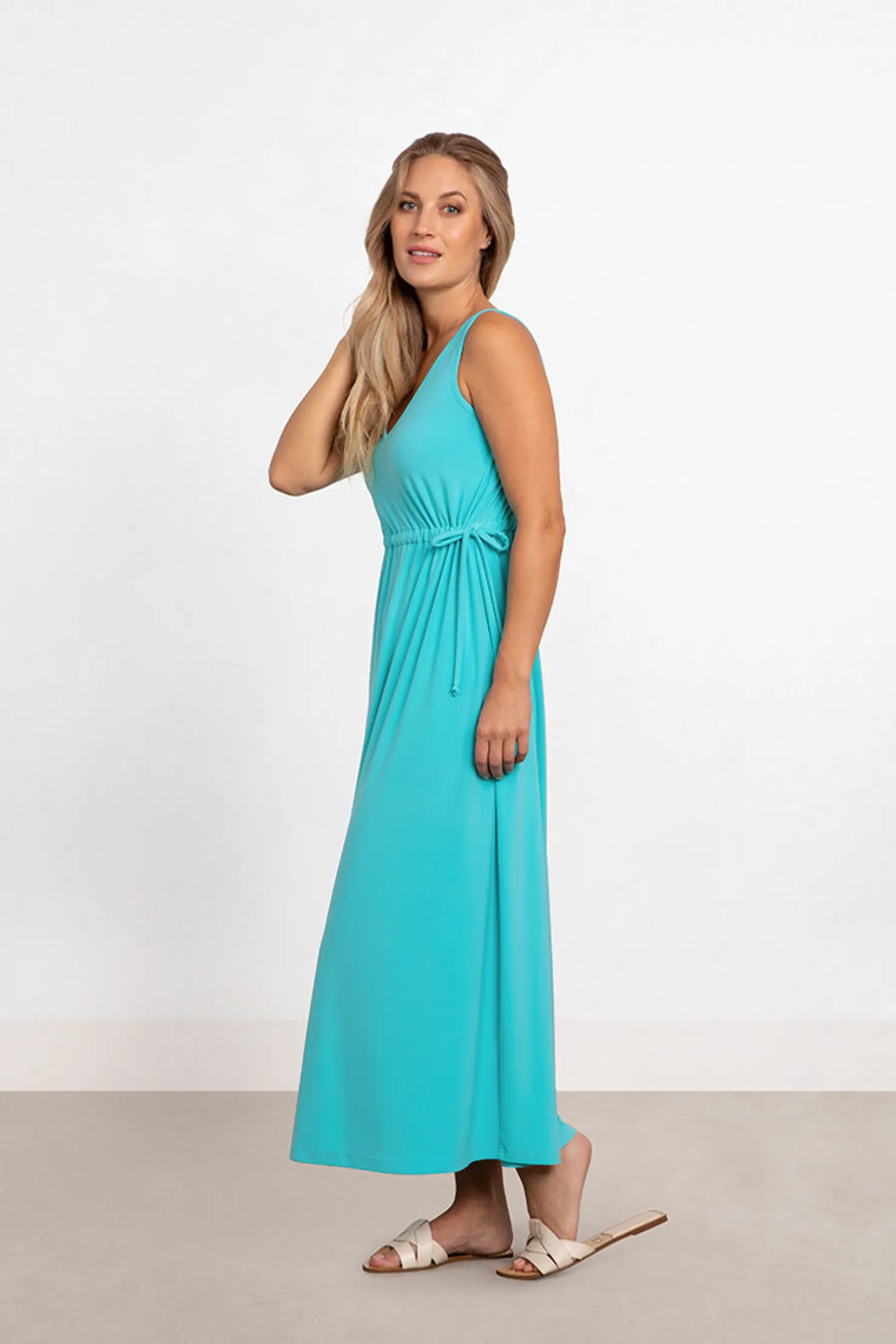 Sympli Dresses>Sleeveless Reversible Tie Dress Aqua
