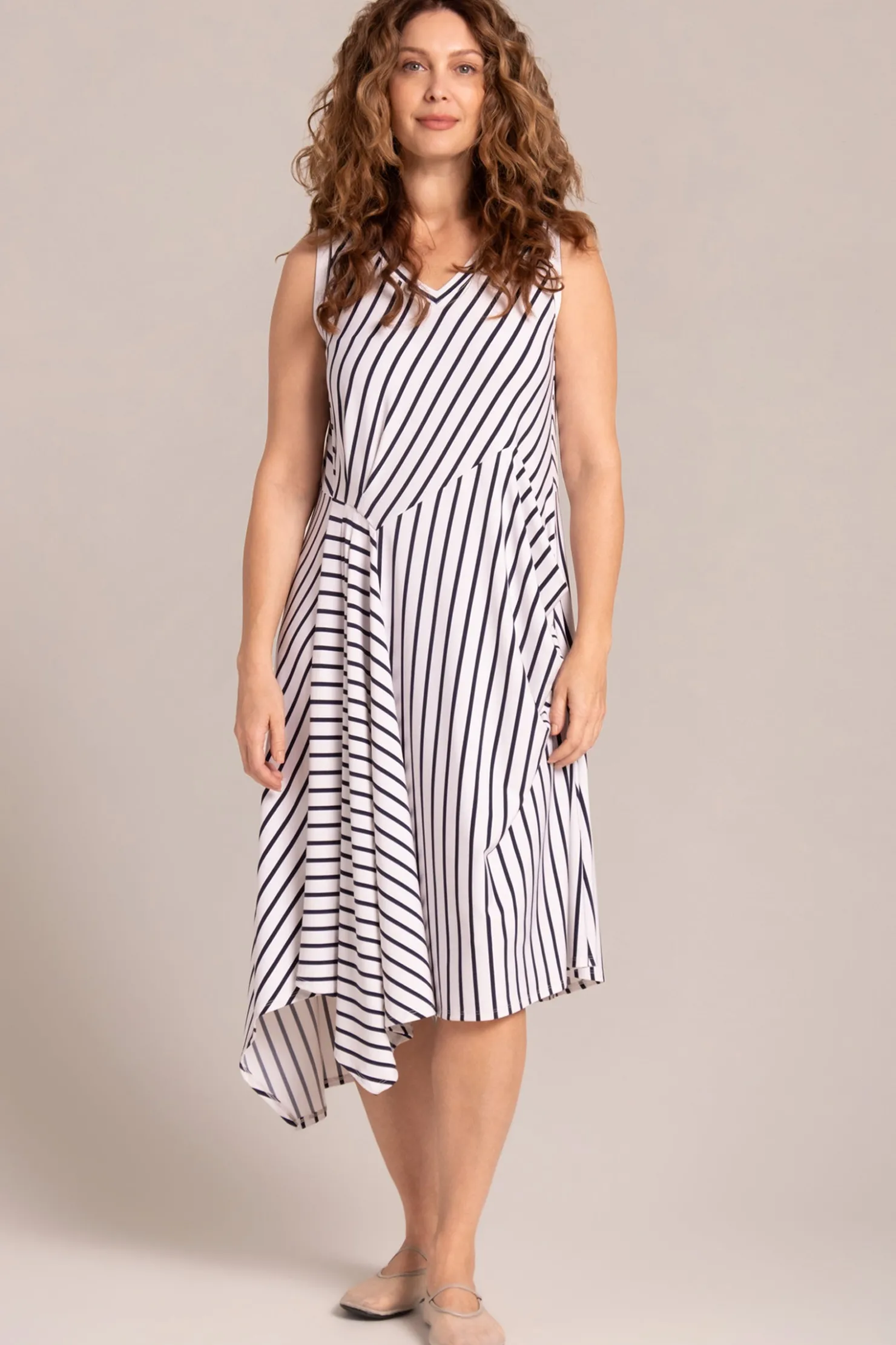 Sympli Dresses>Sleeveless Slant Pocket Dress NavyStripe