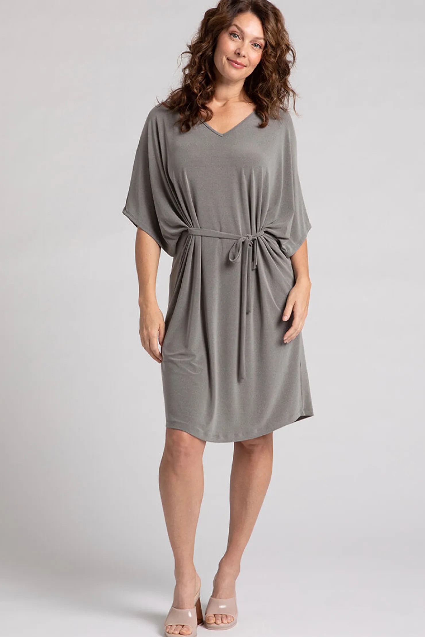 Sympli Dresses>Slouchy V-Neck Dress with Tie MelangeSand