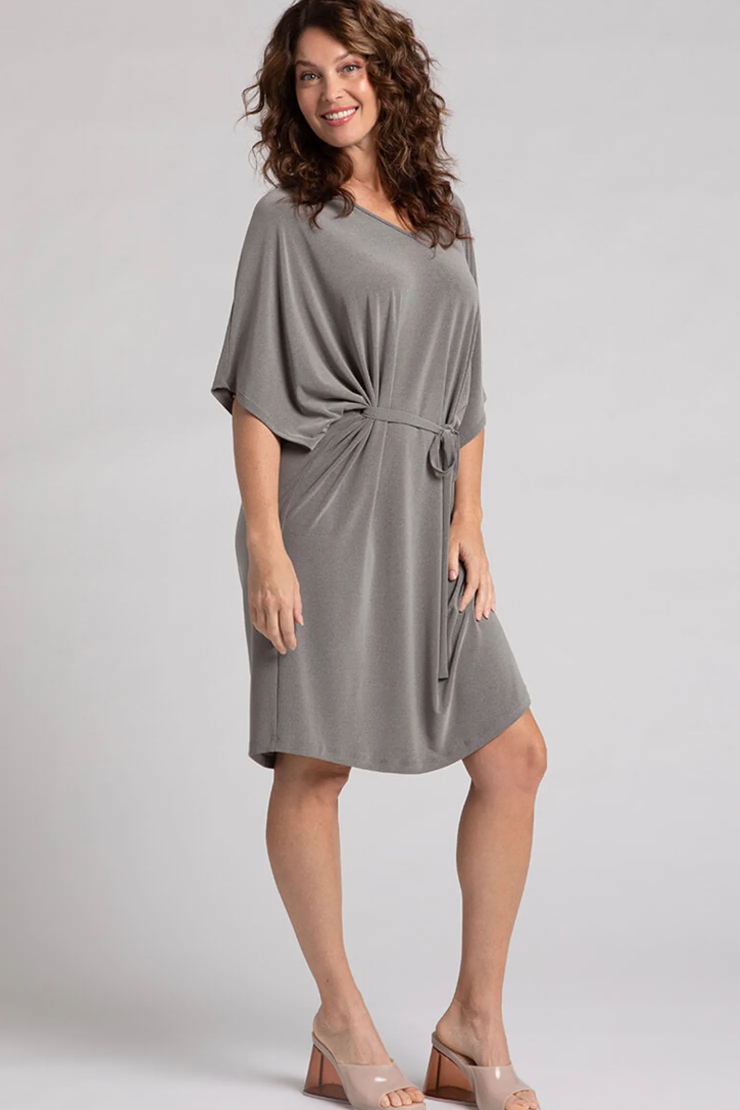 Sympli Dresses>Slouchy V-Neck Dress with Tie MelangeSand